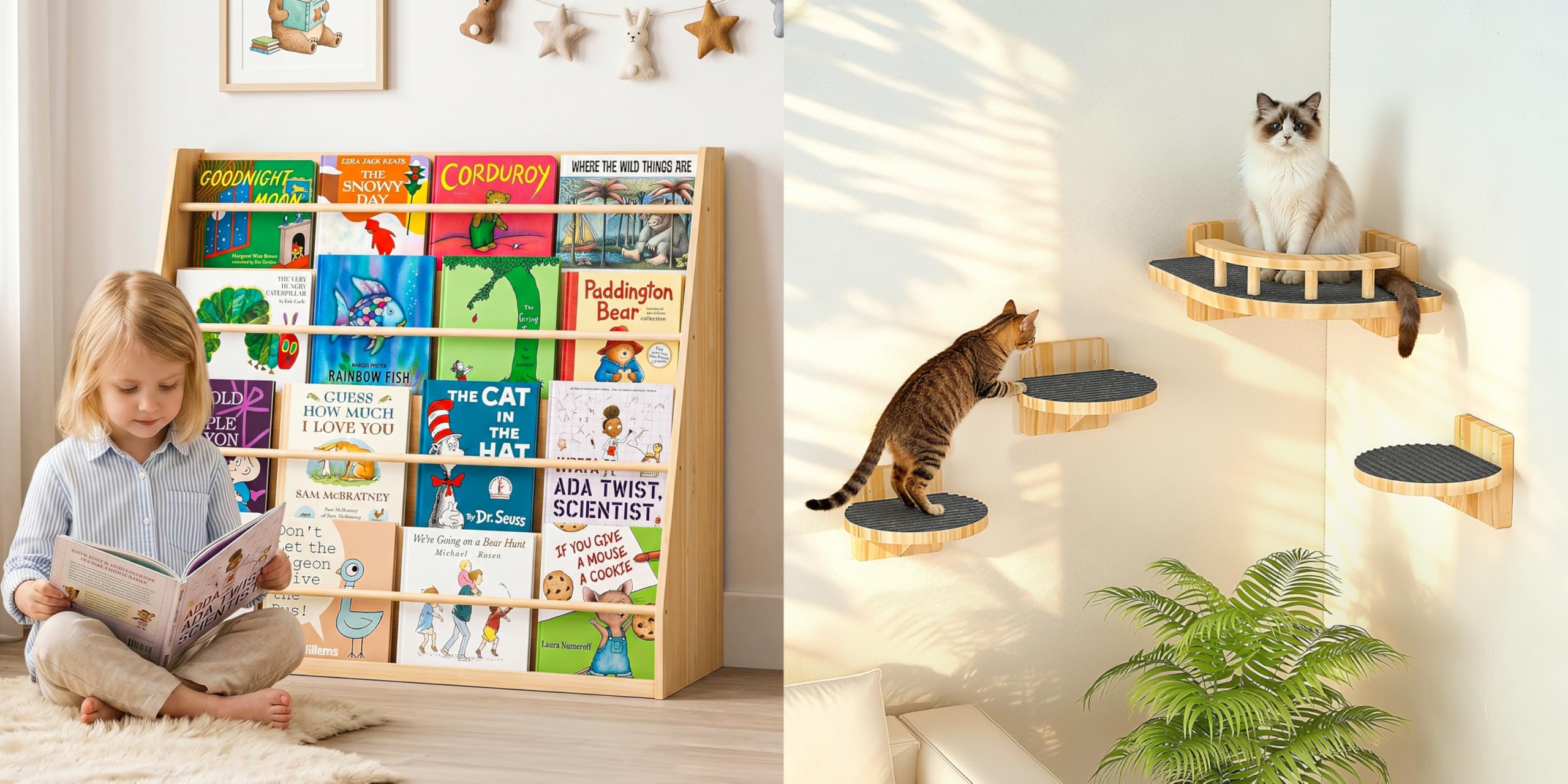 XiaZ Scalloped Kids Bookshelf &amp; Cat Wall Shelves