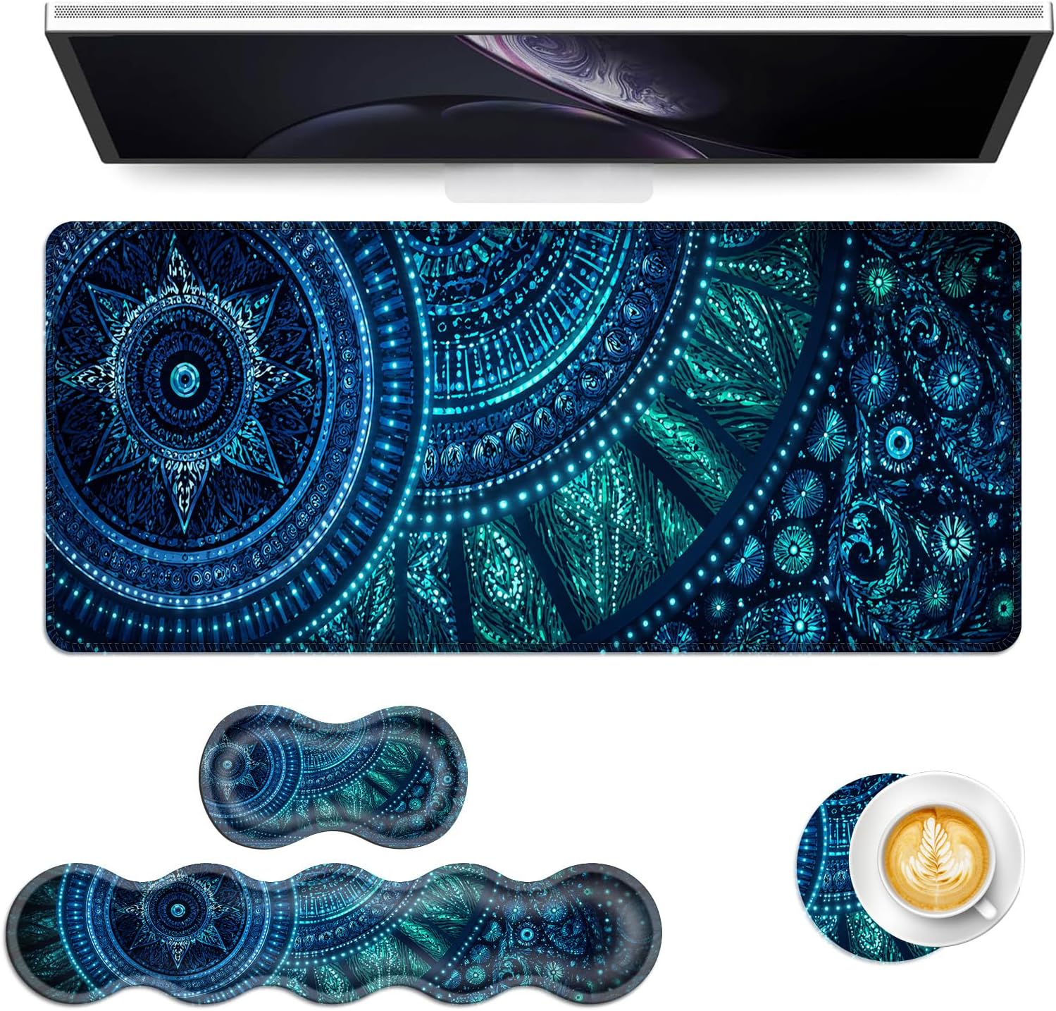 Keyboard Mouse Pad Set, Extended Gaming Mouse Pad+Ergonomics Keyboard Wrist Rest Support, Memory Foam, Easy Typing Pain Relief, 4Pcs XL Ultra Thick Desk Mat,Glowing Blue Mandala Pattern