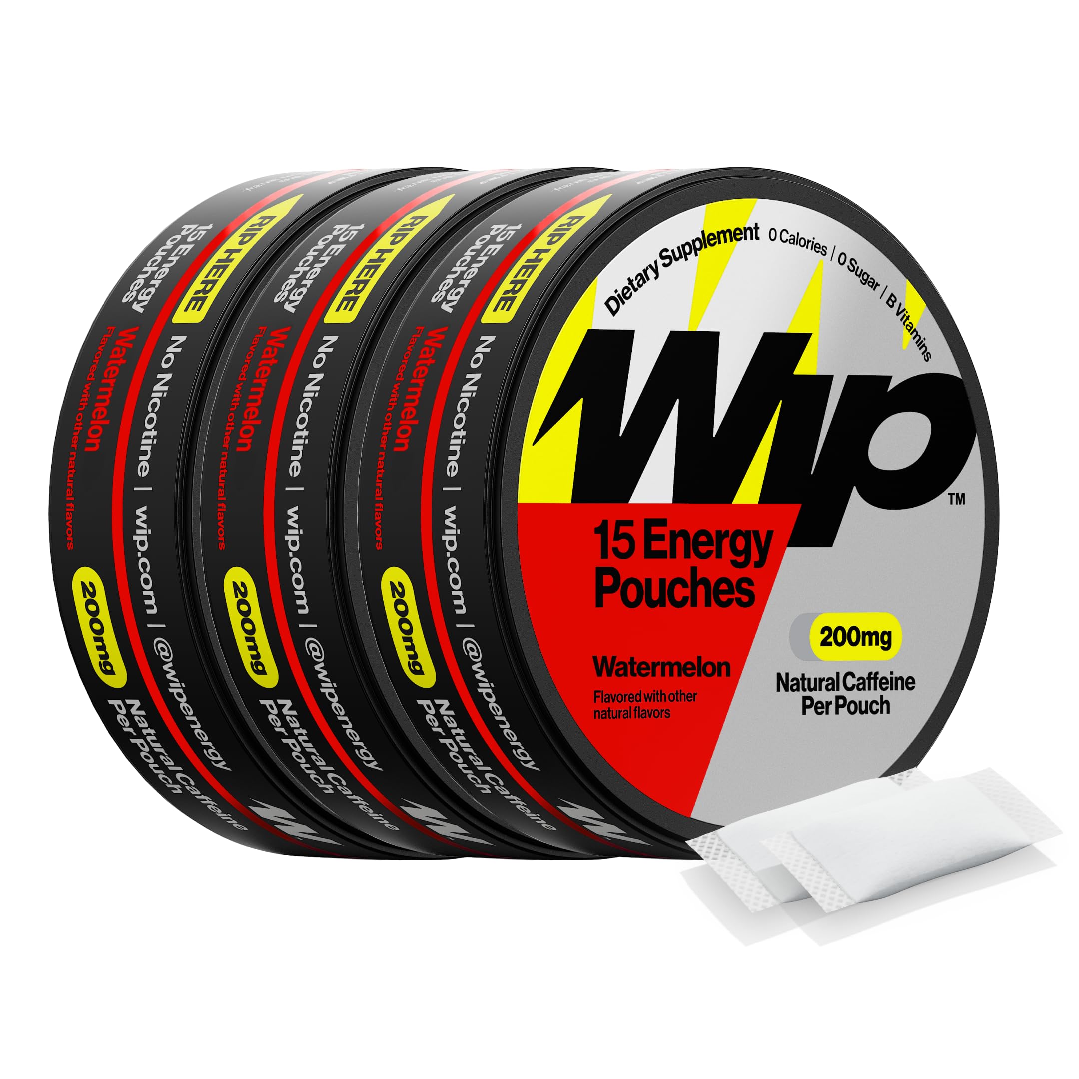 Wip Caffeine Pouches, Watermelon, 200mg, 3 Pack (45 Pouches)