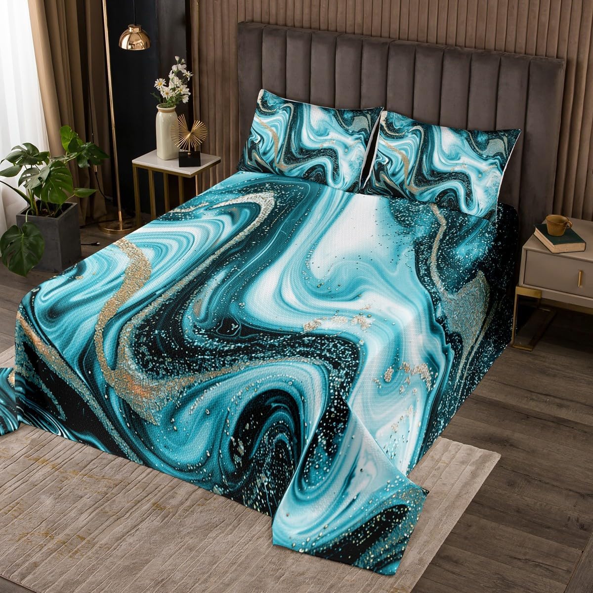 jejeloiu Teal Marble Bedspread Modern Marble Aesthetic Coverlet Set King Size Retro Watercolor Artwork Design Quilted Coverlet Abstract Marble Texture Printed Quilted with 2 Pillow Case