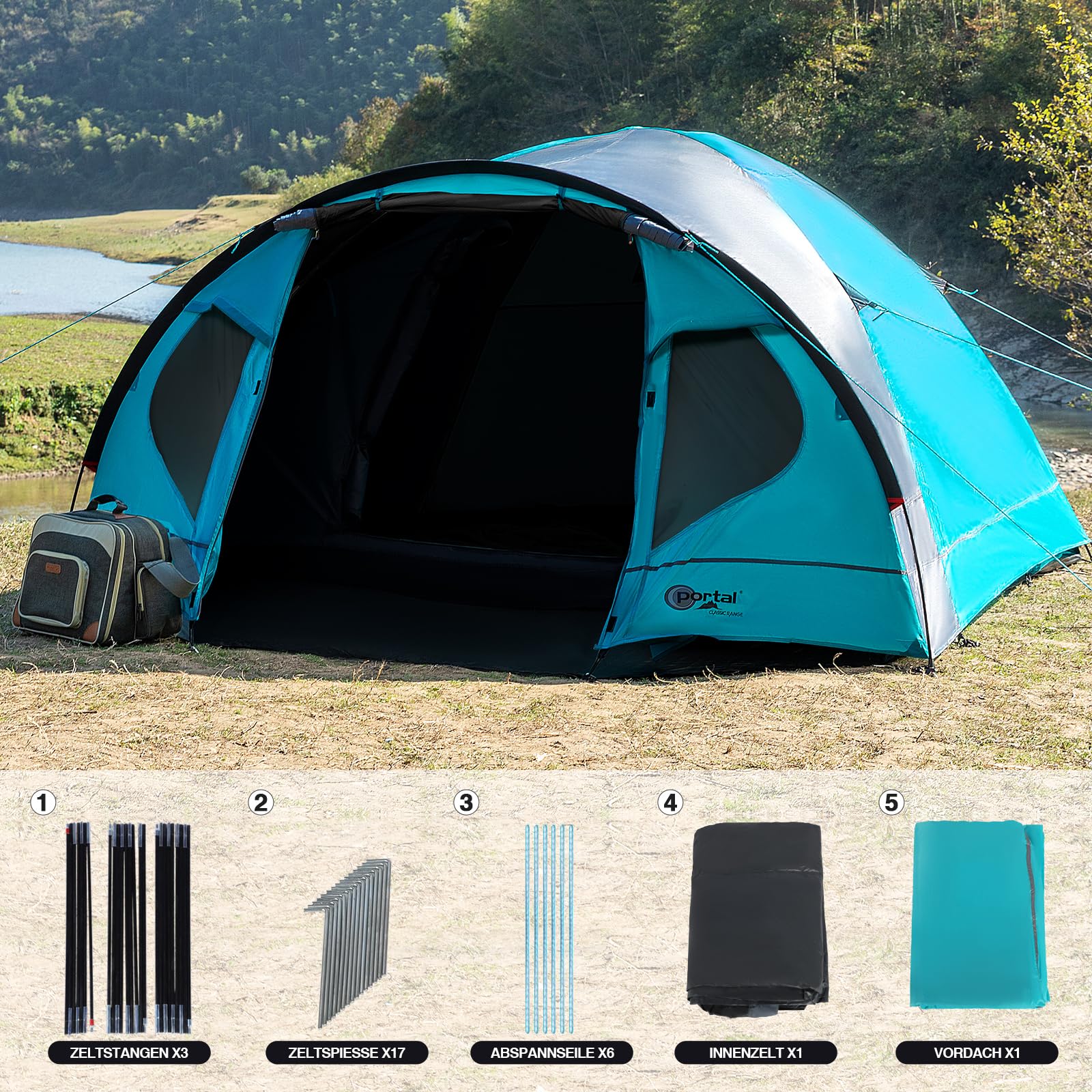 PORTAL Blackout Zelt 3-4 Perosonen mit Vorzelt Camping Kuppelzelt 4000mm wasserdicht Familienzelt Festivalzelt Outdoor für Camping Reise