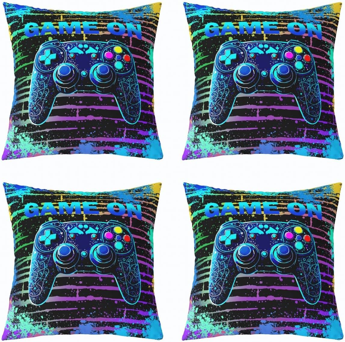Manfei Gamepad Console Kids Throw Pillow Cover,Geometric Tie-dye Stripe Graffiti Video Game Double Sides Pillow Case,Modern Gamer Gaming Blue Bed Couch Sofa Cushion Cover,4 Pack 18"x18"