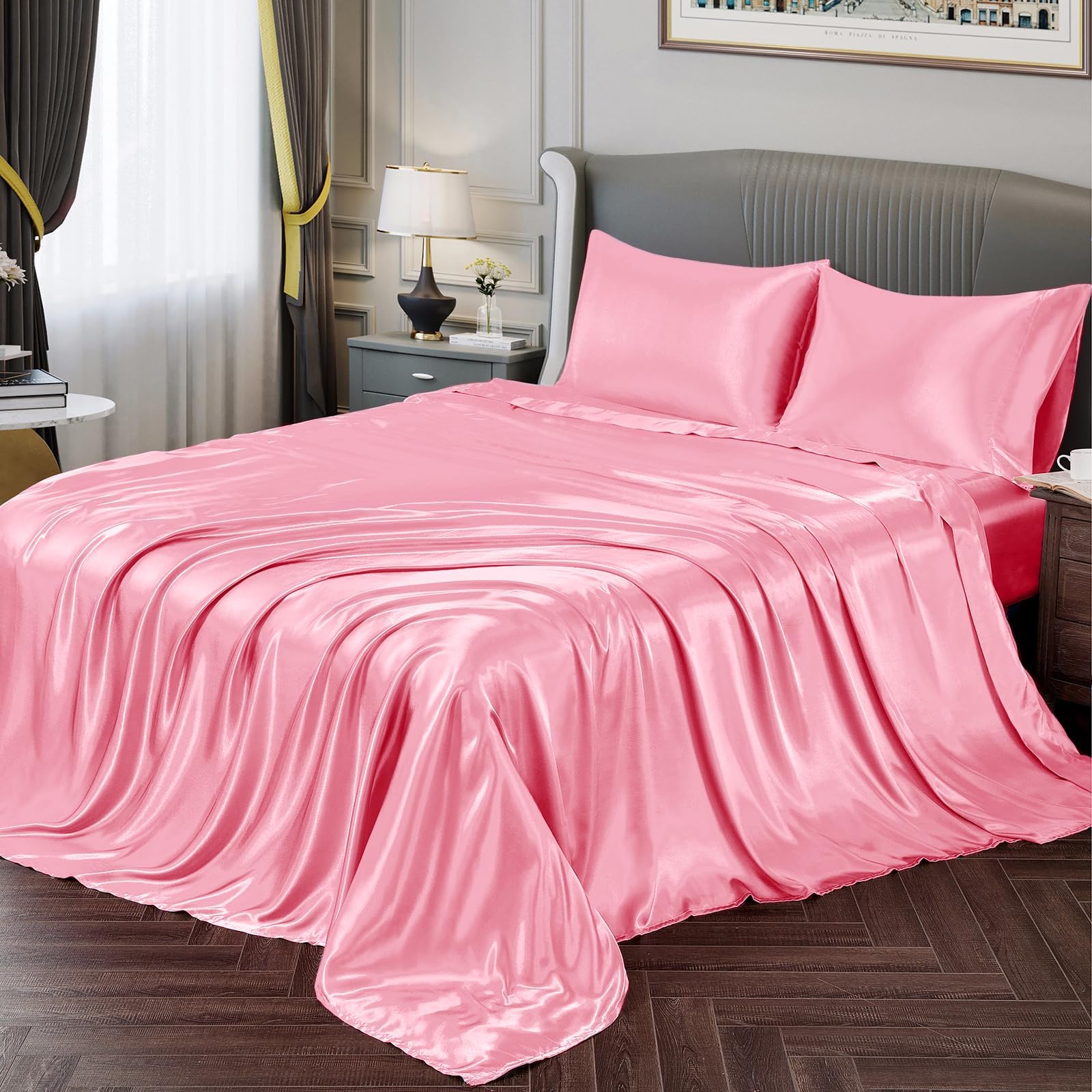 Vonty Satin Sheets Full Size Silky Soft Satin Bed Sheets Bright Pink Sheet Set, 1 Deep Pocket Fitted Sheet + 1 Flat Sheet + 2 Pillowcases