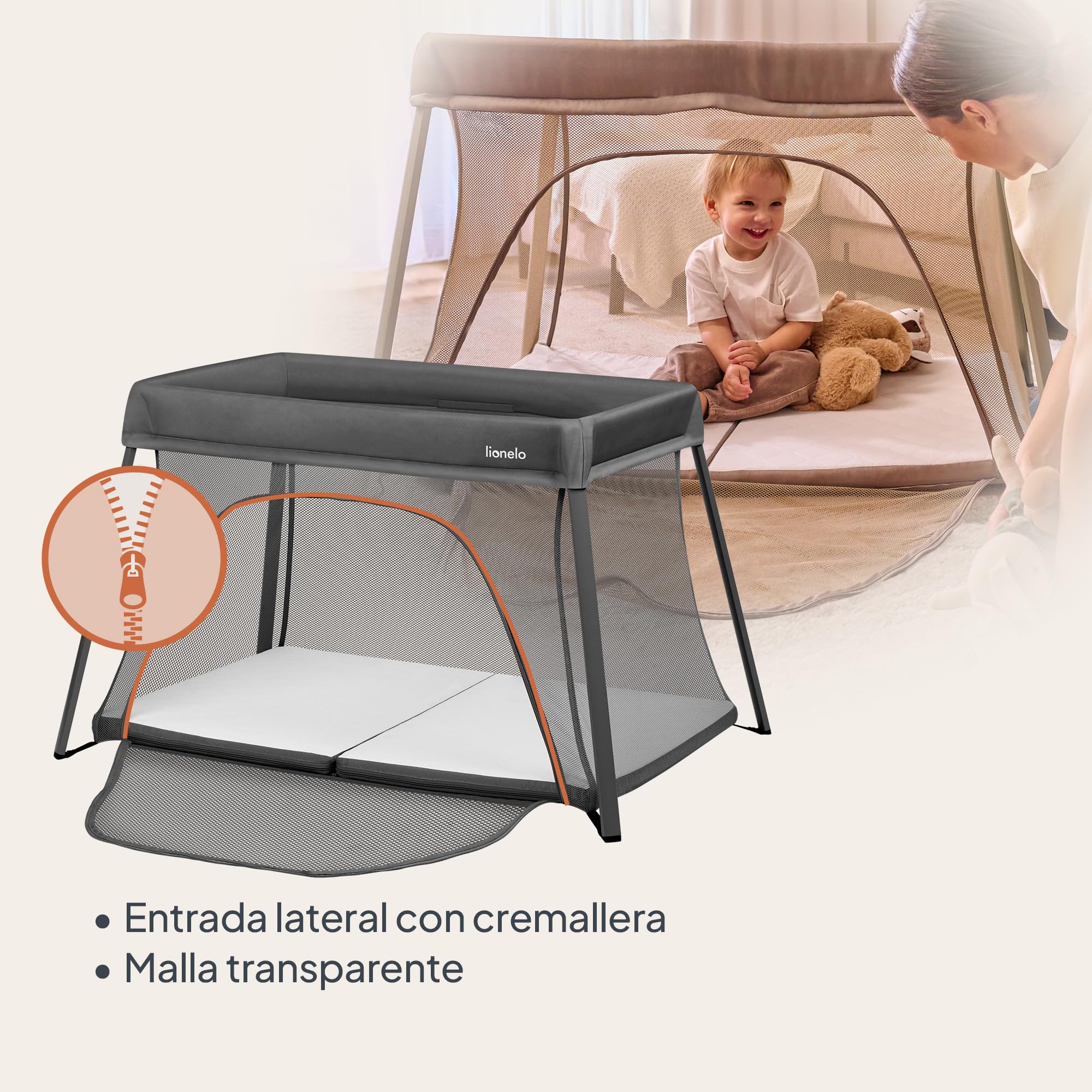 lionelo Cuna de Viaje Parque Cuna Bebe 3 en 1 Alice de 0 a 15 kg Colchón de Espuma, 2 Niveles de Altura, Plegable, Pequeña, Ligera, Entrada Lateral, Bolsa de Viaje