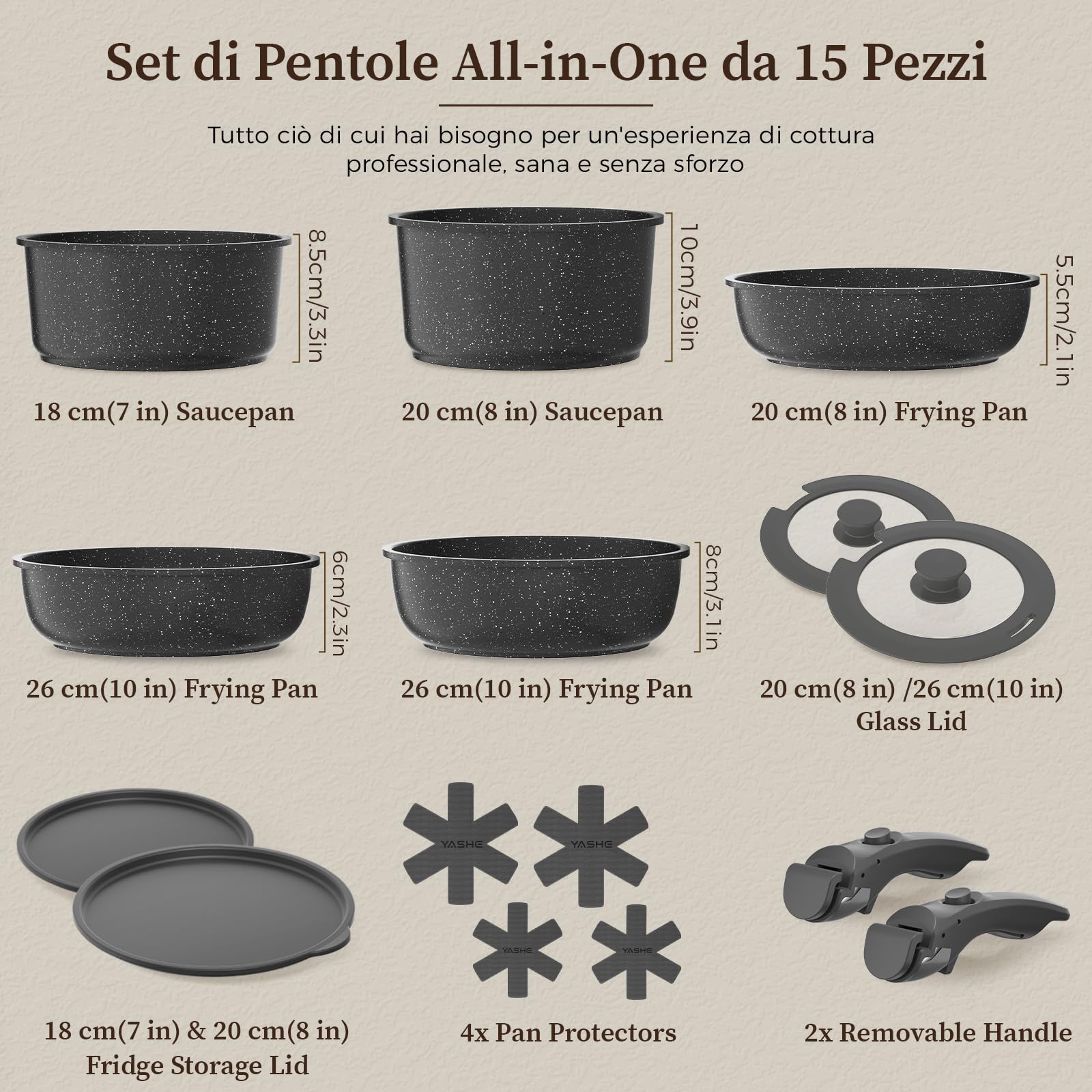 YASHE Pentole induzione 15 pezzi, atossiche, senza PTFE e PFAS | Tegame con Coperchio, Batteria da Cucina Antiaderenti in Granito, Salvaspazio Impilabile, Per Casa e Camper