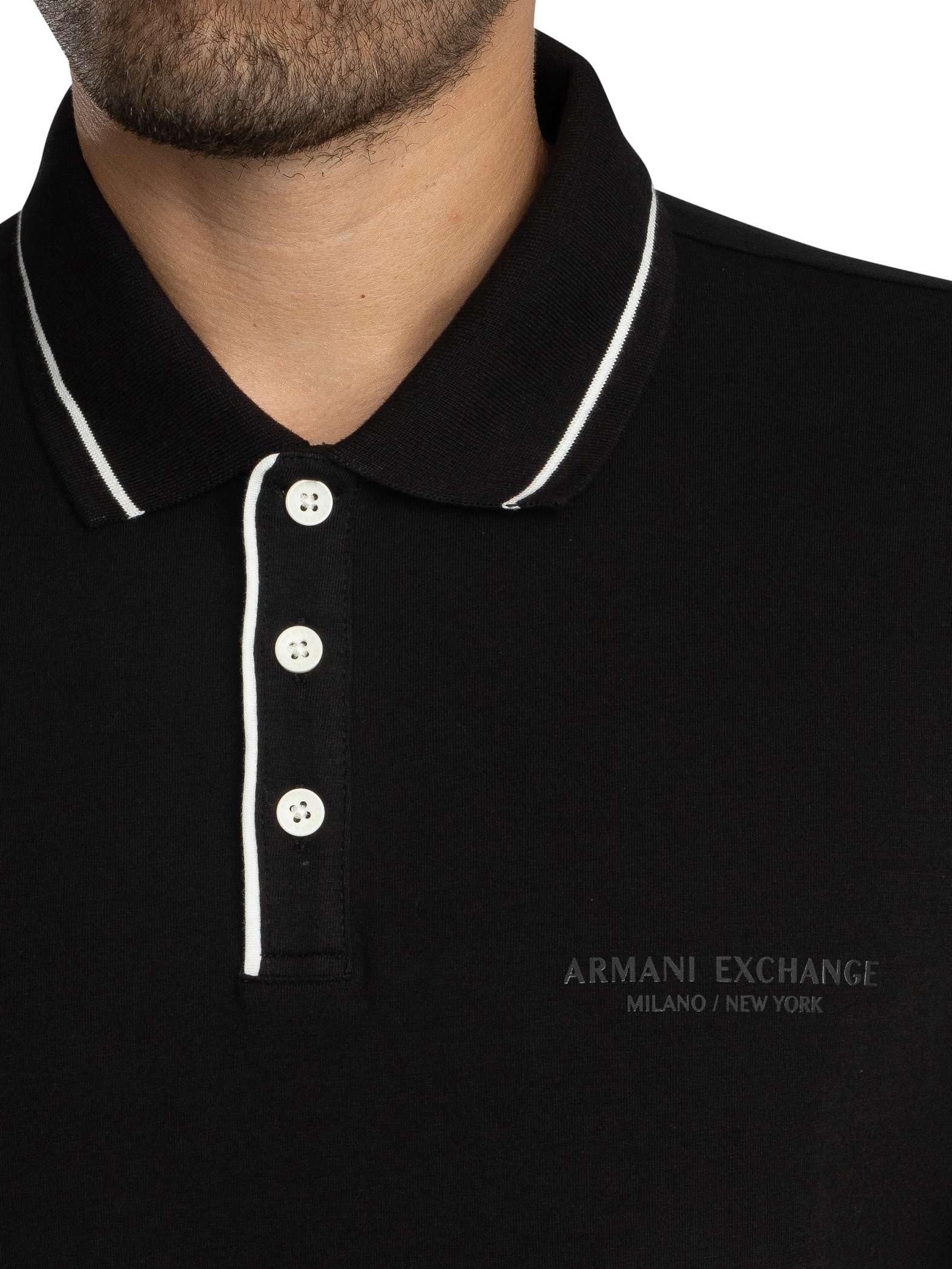 Armani Exchange Essential, Striped Collar Side Milan-Nowy Jork Logo z napisem Polo, czarny, L męski, czarne, L