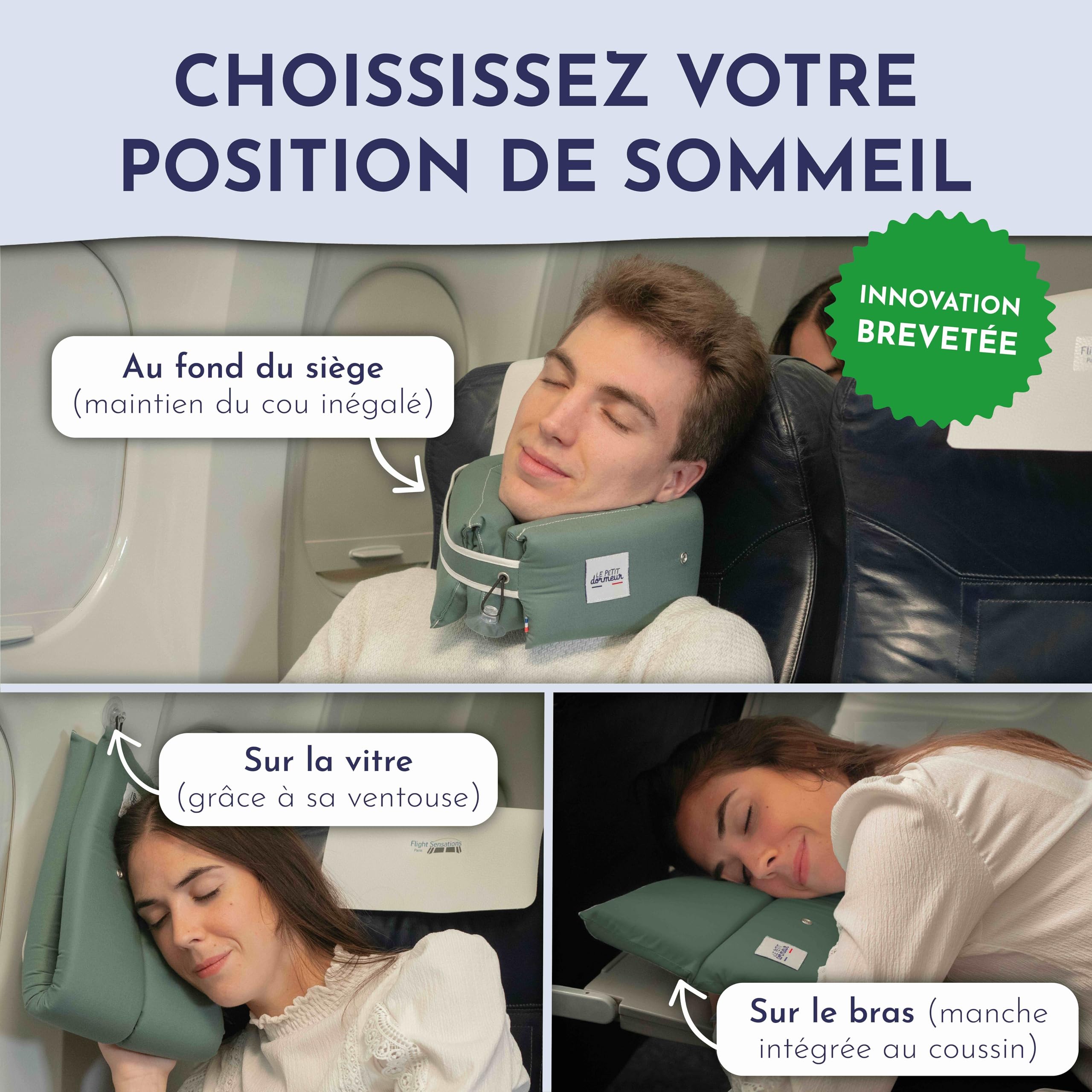 Cuscino da viaggio 3 in 1, da viaggio Thym, ergonomico e leggero, ideale per viaggi in aereo, treno, auto, prodotto in Francia
