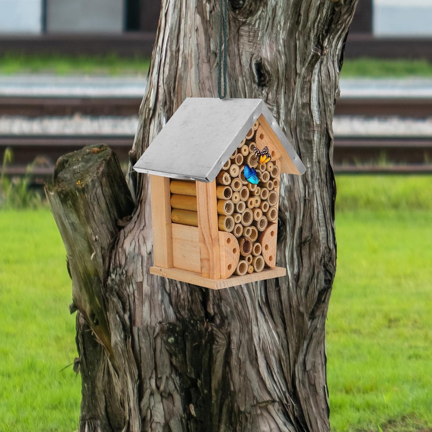 Lurrose Wooden Hanging Bee House and Butterfly Home for Garden Outdoor Use, Waterproof Metal Roof Insect Hotel, Bee Hive Shelter for Beneficial Pollinators