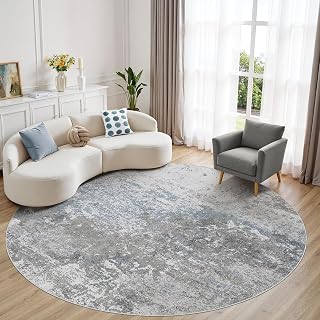 Area Rug Living Room-6X6 Abstract Washable Rug Grey Blue | Large Soft Foldable Non Slip Rug Neutral Modern Low Pile Carpet for Bedroom Nursery Dining Room Kitchen Home Office Indoor