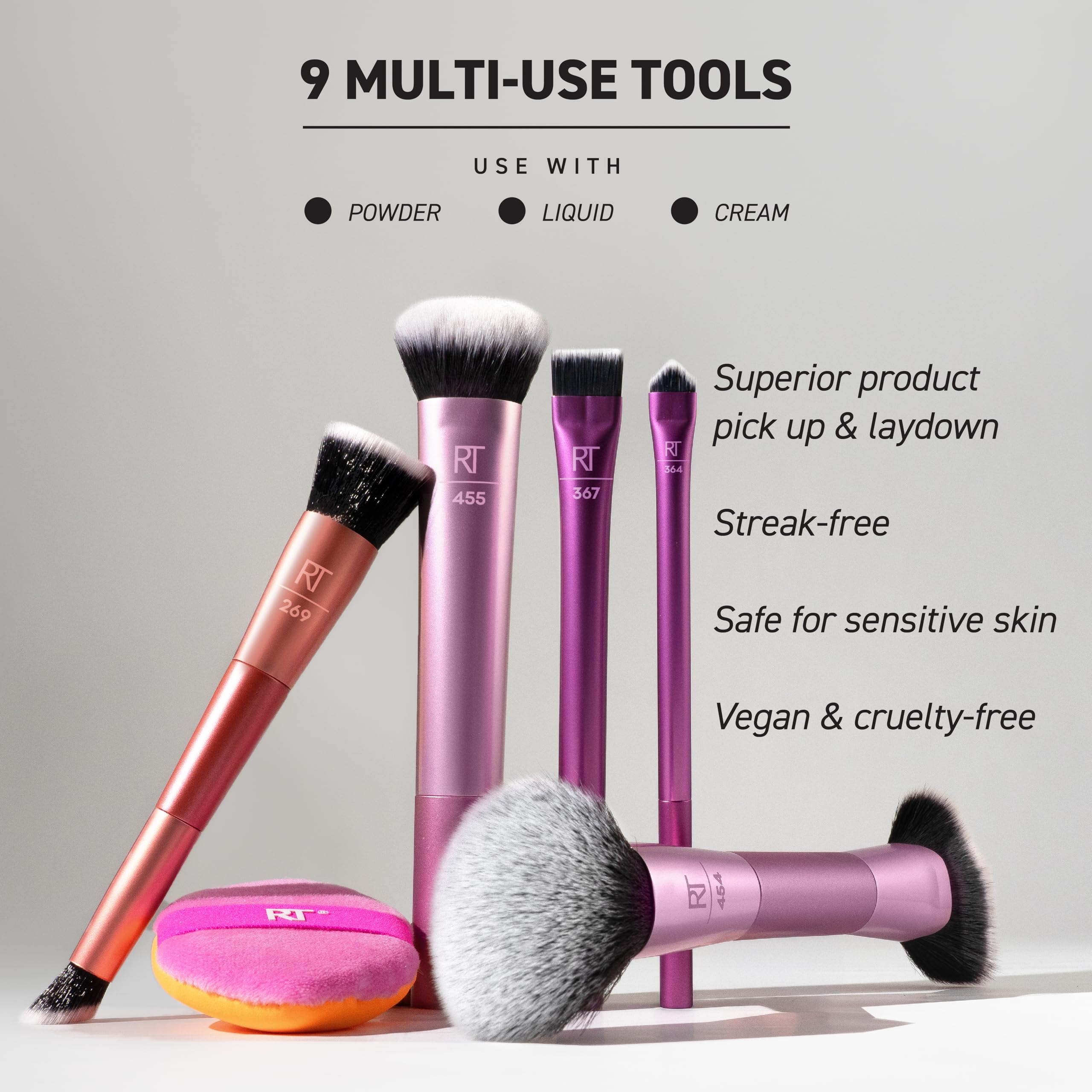 Real Techniques Big Blends Energy Brush + Dual-Sided Puff, 6 Piece Kit for Powder Cream & Liquid Application - Image 4