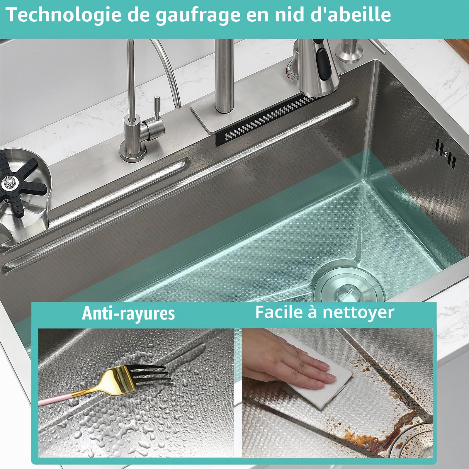 Évier de Cuisine, Cascade Multifonction, Evier de Cuisine à Comptoir Raindance Professionnel Lavabo Acier Inoxydable avec Lave Verre & Robinet Extractiblen Haute Pression Argent 75x45x21cm