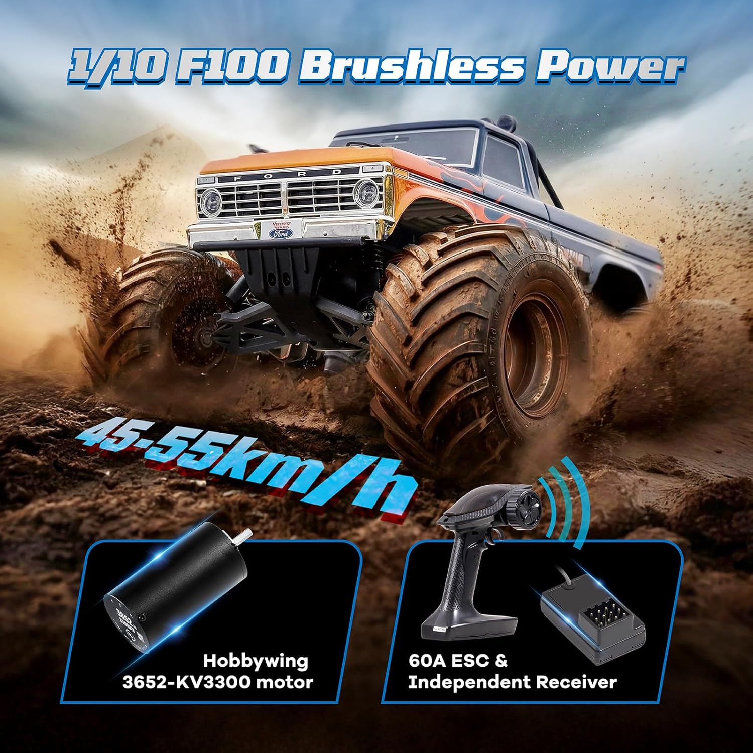 BEEZRC FMS RC Rruck 1/10 Ford F-100 Brushless Officially Licensed, Monster Truck, 2WD High Speed Off-Road,RC Rock Crawler,Hobby Grade Remote Control Car for Adults RS no Battery (Blue)