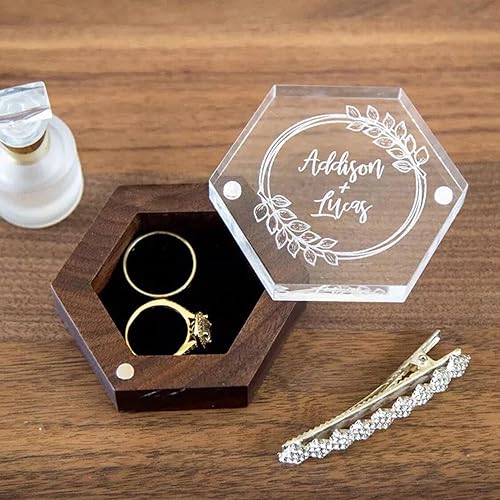 Miniatura 2 de Eyesoul Caja de anillo de boda personalizada con nombrefecha, caja de anillo de compromiso de madera, caja de portador de anillos de lujo