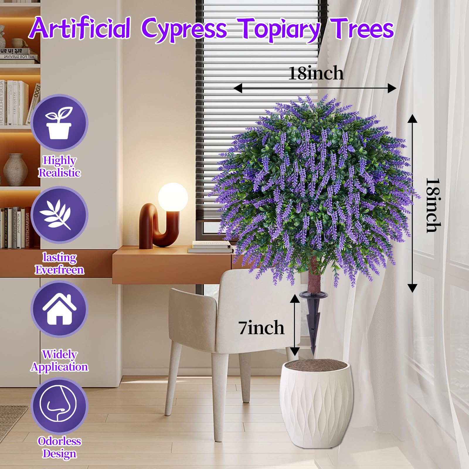 Árbol topiario de rosas artificiales, flores rojas resistentes a los rayos UV, juego de 2 con estacas para el suelo, plantas decorativas para interiores y exteriores (2, lavanda)