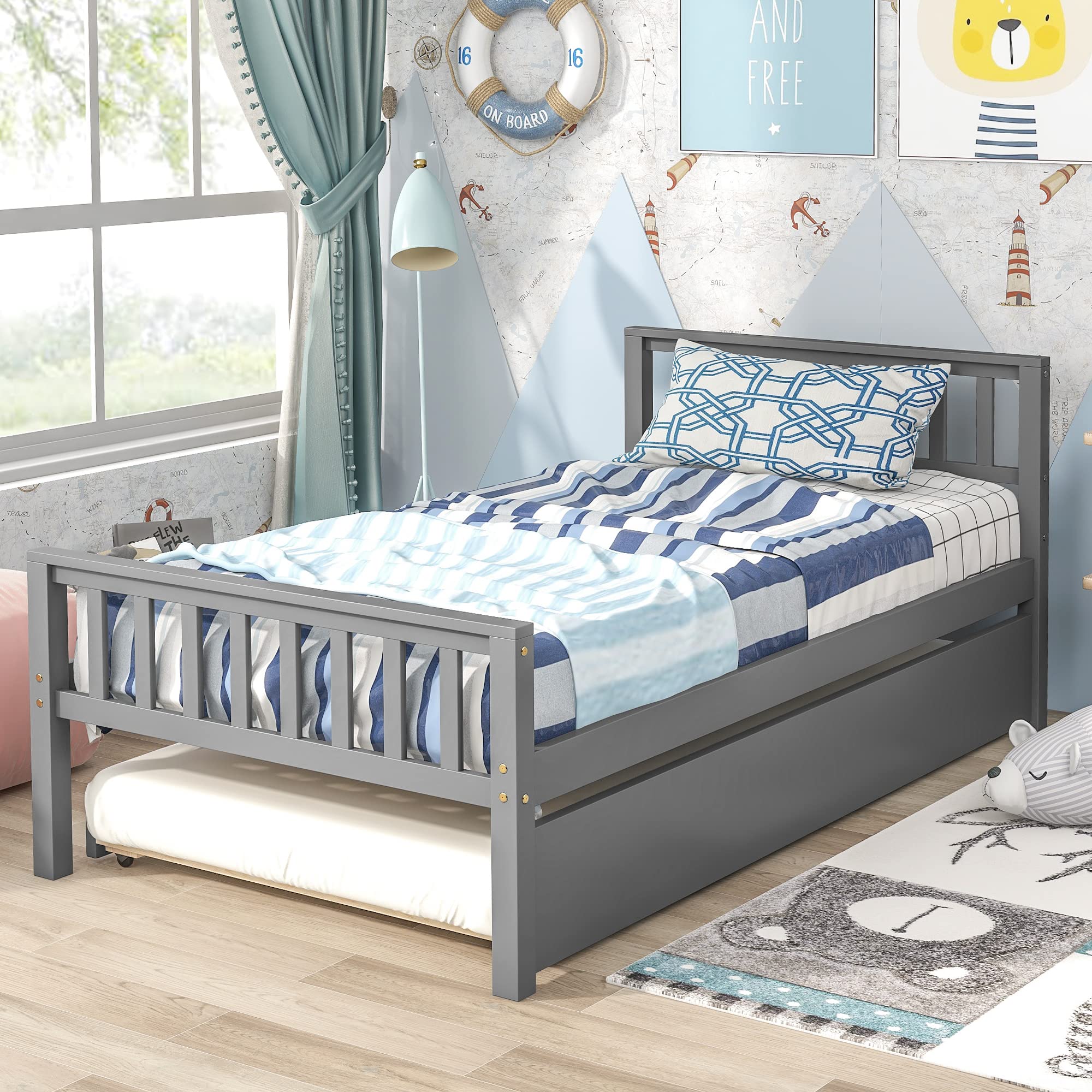 Buy Merax Twin Size Wood Platform Bed with Trundle, Wooden Bed Frame Twin Trundle Platform Bed