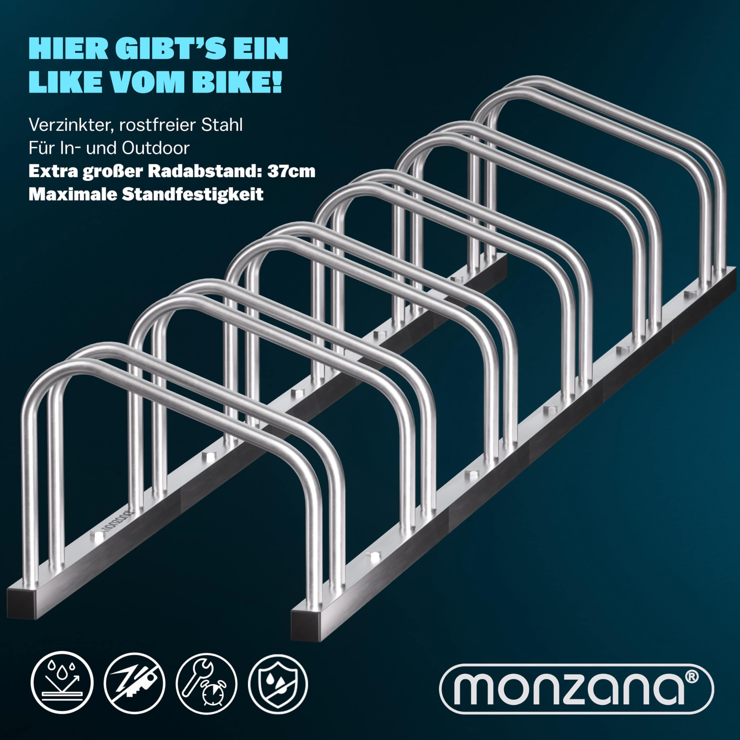 Monzana® Fahrradständer für 6 Fahrräder 37cm Radabstand 30-65mm Reifenbreite rostfreier Stahl selbstsichernde Schrauben Boden oder Wandmontage Mehrfachständer Fahrradhalter Aufstellständer Radständer