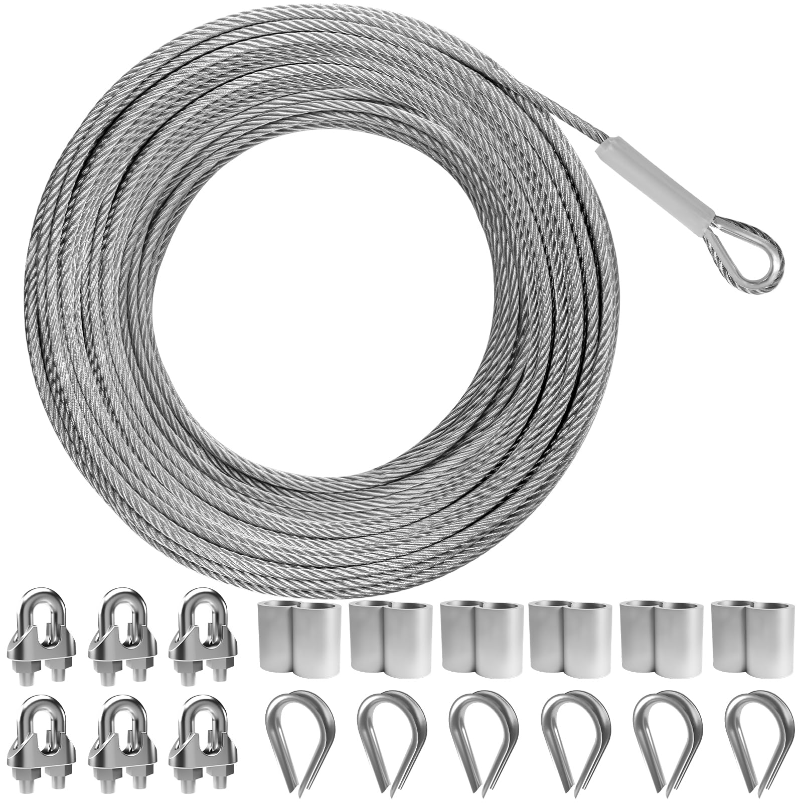 3/16" Wire Rope,50FT 304 Stainless Steel Wire Cable Kit,7x19 Strand Core with Sleeves,Clips,Thimbles,for Deck Railings,Stair Railings, Climbing Plants