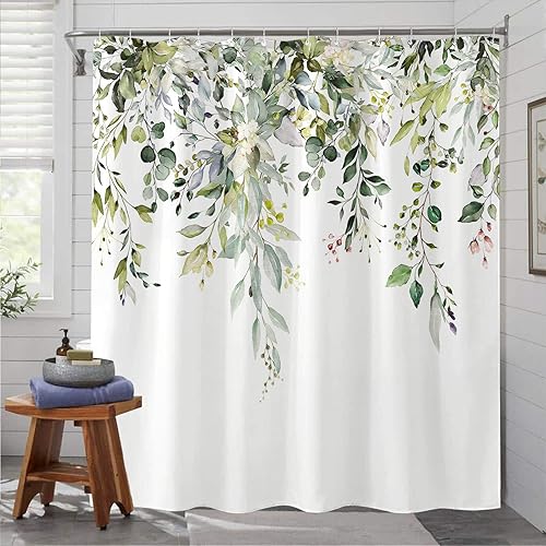 Miniatura 3 de kampdream Cortina de ducha de eucalipto verde con hojas en acuarela en la parte superior, cortina de baño botánica verde salvia de primavera, 72 ×