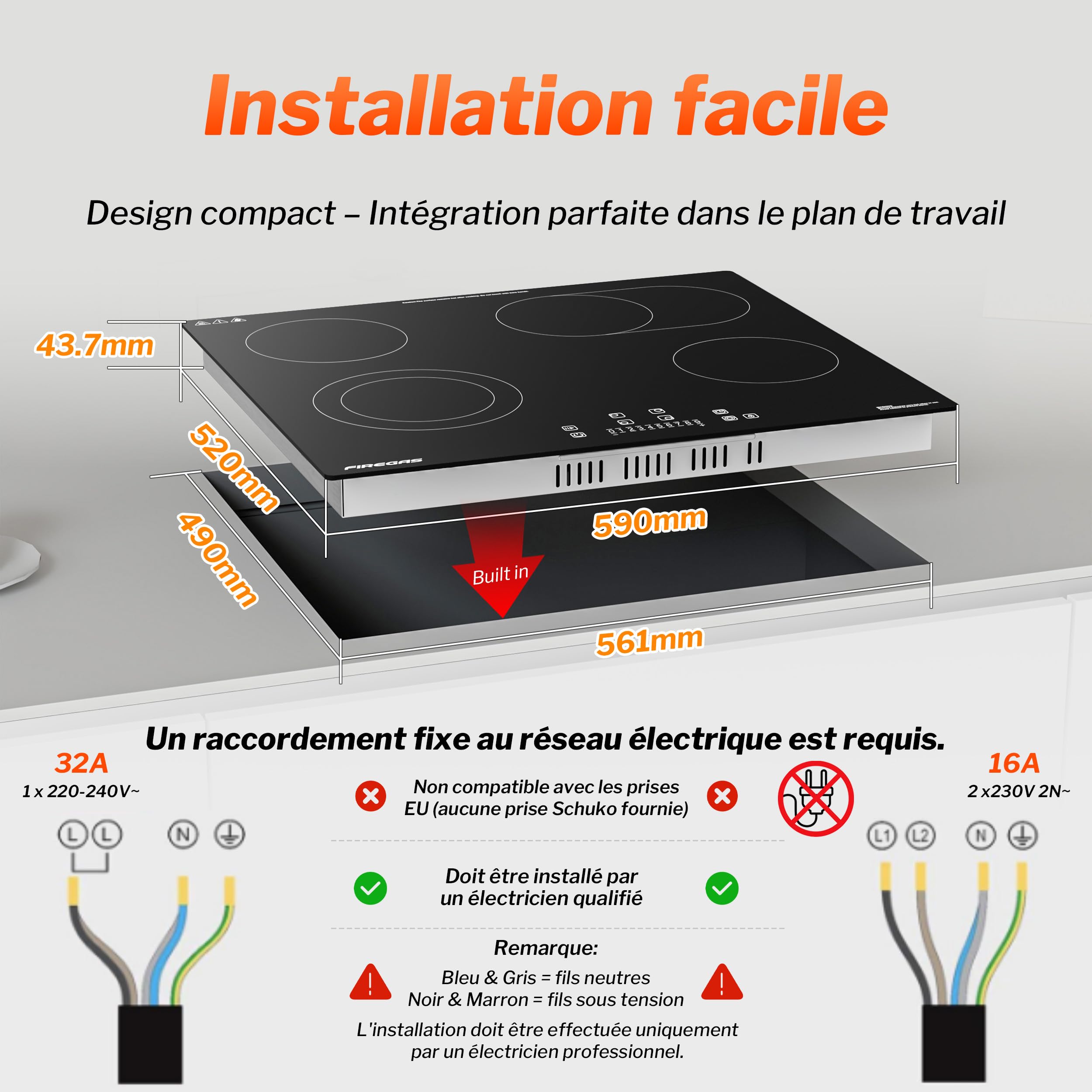 FIREGAS Plaque de Cuisson Électrique Vitrocéramique 4 Feux Encastrable 7200W Zones Duales Ovales Contrôle Tactile Minuteur
