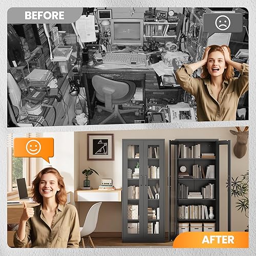 Miniatura 60 de Vitrina con cerradura con puerta de cristal, gabinetes Curio de metal de 71 pulgadas de alto con estantes ajustables, vitrina de licor blanco para