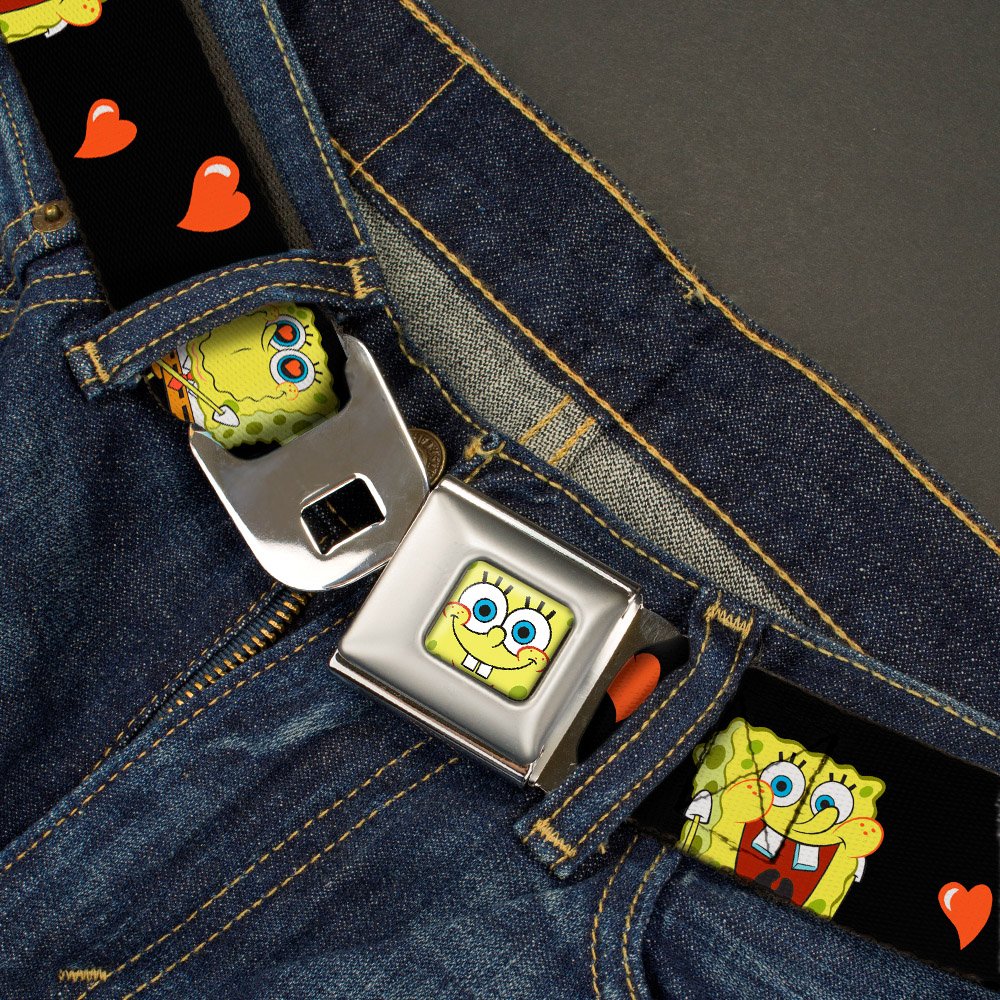 Sponge Bob Face CLOSE-UP Seatbelt Belt - Spong Bob Love Eyes/Hearts Black/Red Webbing REGULAR