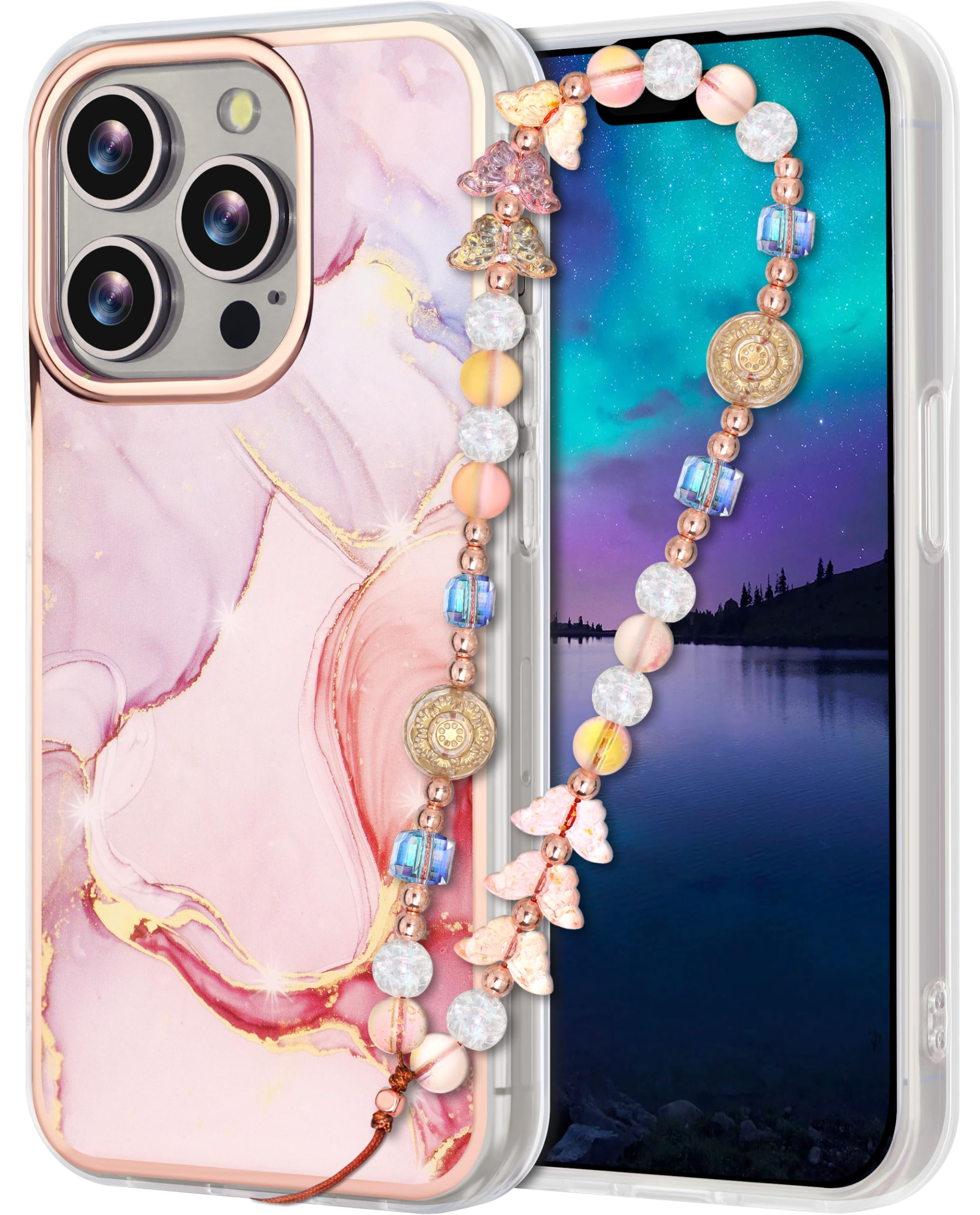 Marble for iPhone 16 Pro Case for Women Girls, Slim Fit Pink Cute Phone Case for iPhone 16 Pro with Pearl Phone Charm Lanyard Wrist Strap, Shockproof