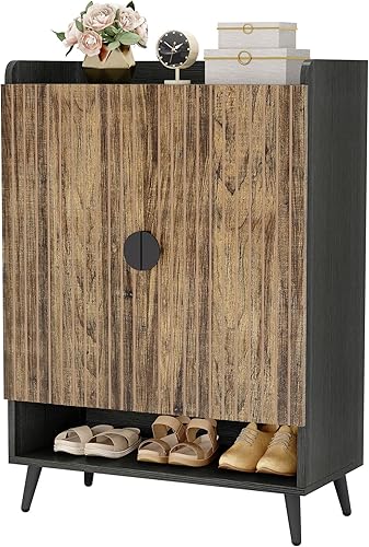 Miniatura 9 de Tribesigns Zapatero con puertas, armario de almacenamiento de zapatos de 7 niveles con estantes ajustables, estante de madera para zapatos,