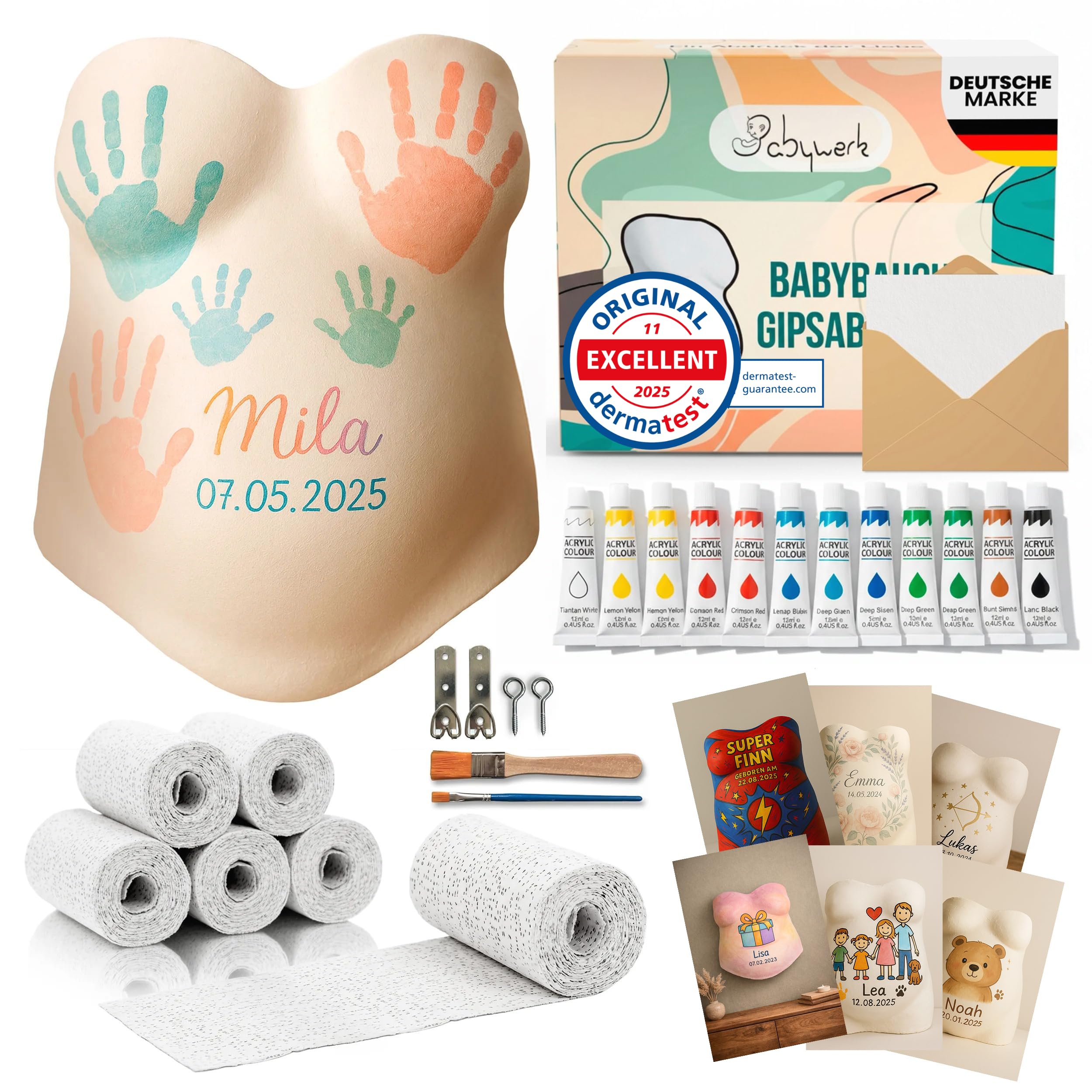 BABYWERK® Gipsabdruck Babybauch - DERMATEST SEHR GUT - Gipsbinden zum Basteln Baby Gipsabdruck Set für Schwangerschaft Gips Gibs Abdruck Babybauch