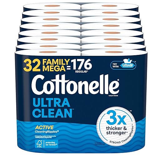 Cottonelle Toilet Paper, 32 Family Mega Rolls = 176 Regular Rolls (8 Packs of 4), Ultra Clean, Strong Bathroom Tissue, 353 Sheets per Roll, Packaging May Vary - 32 Family Mega
