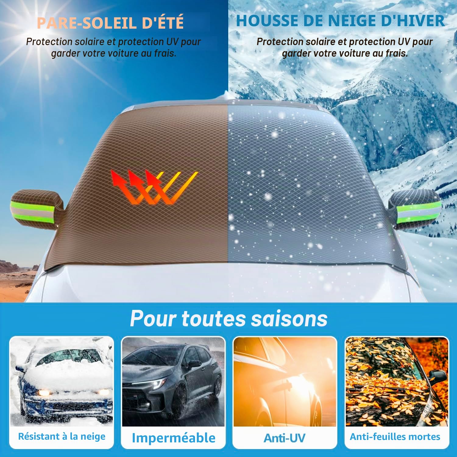 Couverture de Pare-Brise d'Hiver avec 2 Couvertures de Rétroviseurs pour Neige, Gel, Soleil, Protection Universelle pour Voiture, Camionnette, SUV