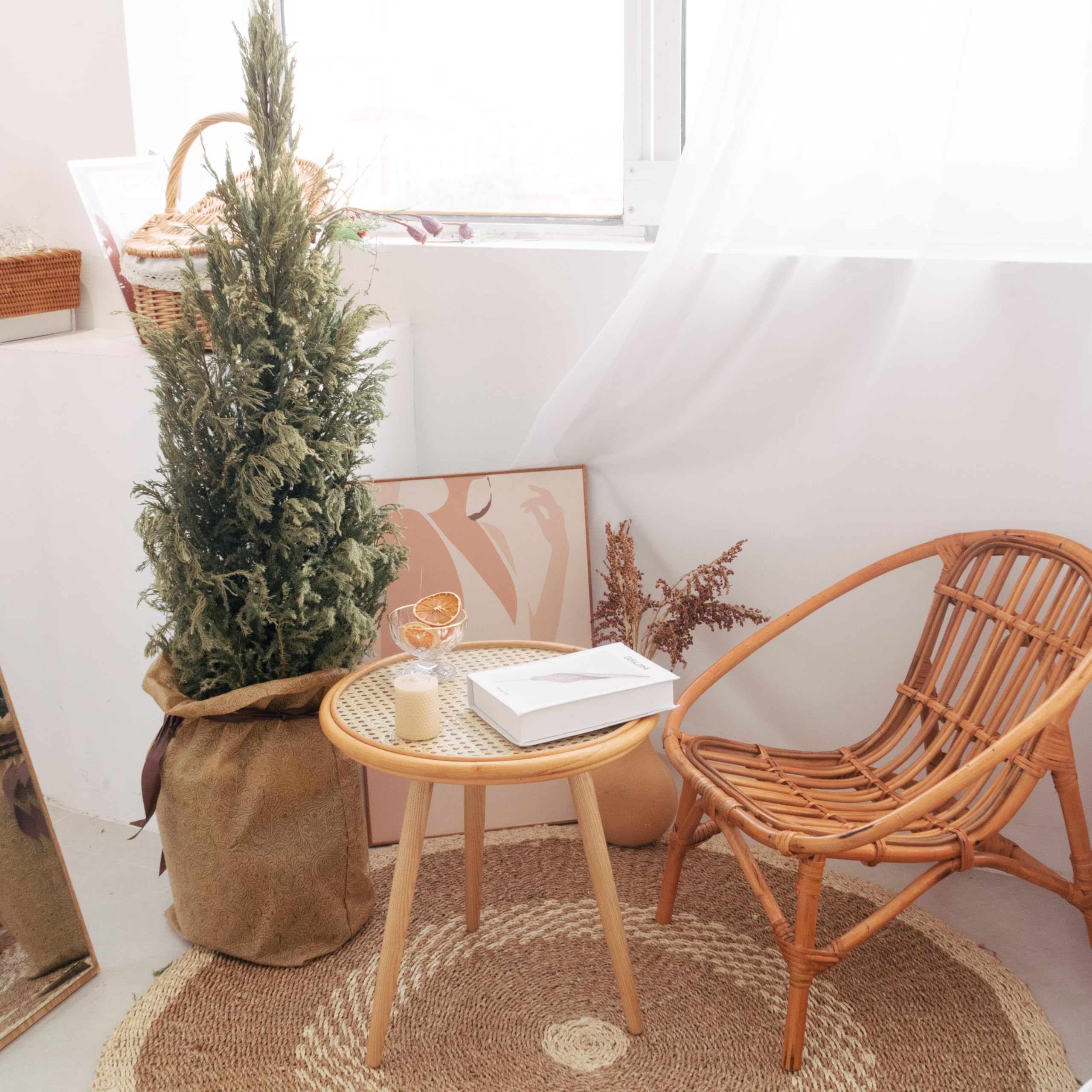 Beistelltisch Rattan rund – Handgefertigter Boho Tisch mit Wiener Geflecht & gehärteter Glasplatte – Kleiner Couchtisch/Nachttisch für Wohnzimmer, Balkon & Schlafzimmer