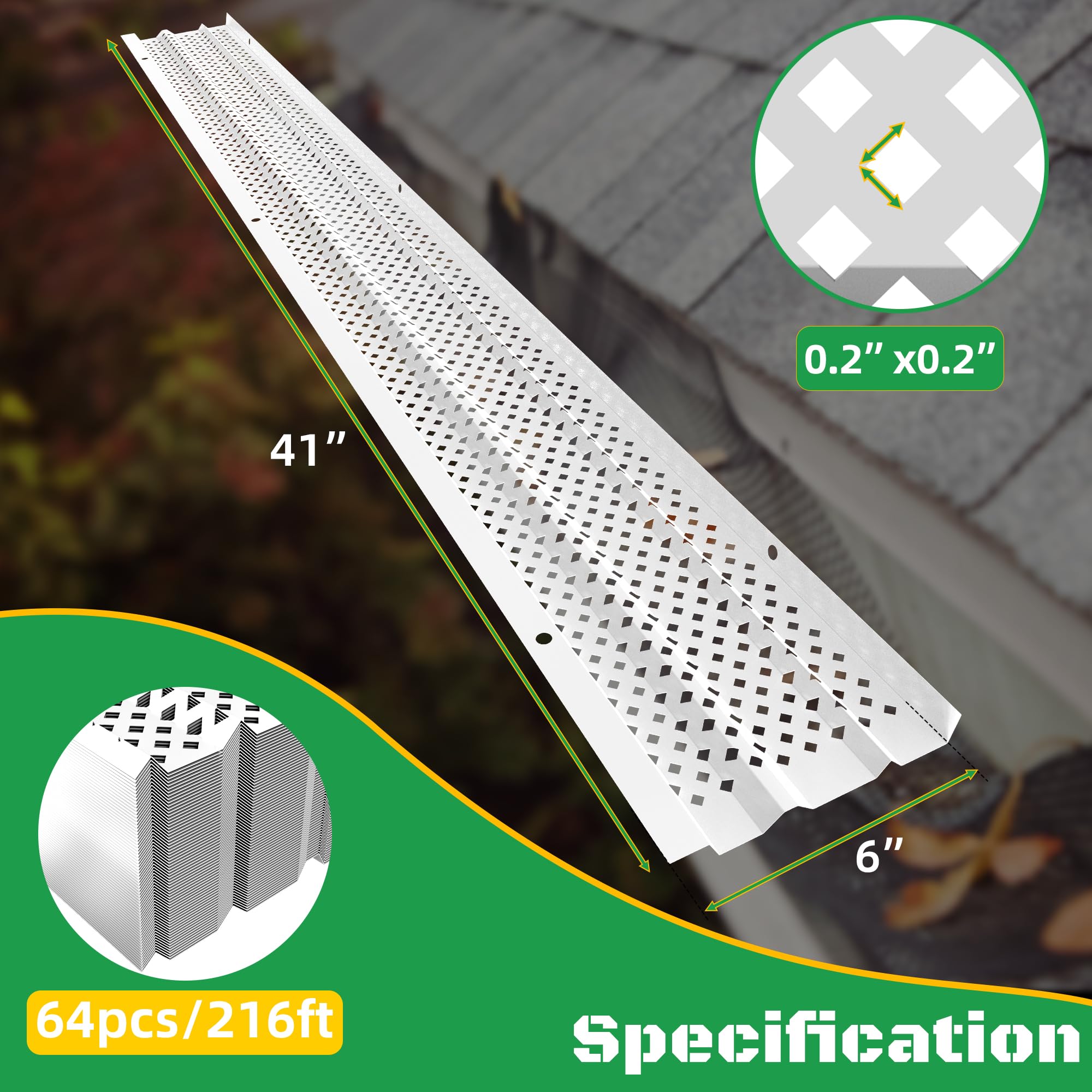 PPOLB Protectores de canalón de 6 pulgadas, cubierta de canalón de lluvia con filtro de hojas de aluminio pintado en blanco, 64 unidades de 216 pies, protección de canalones Raptor, cualquier tipo de