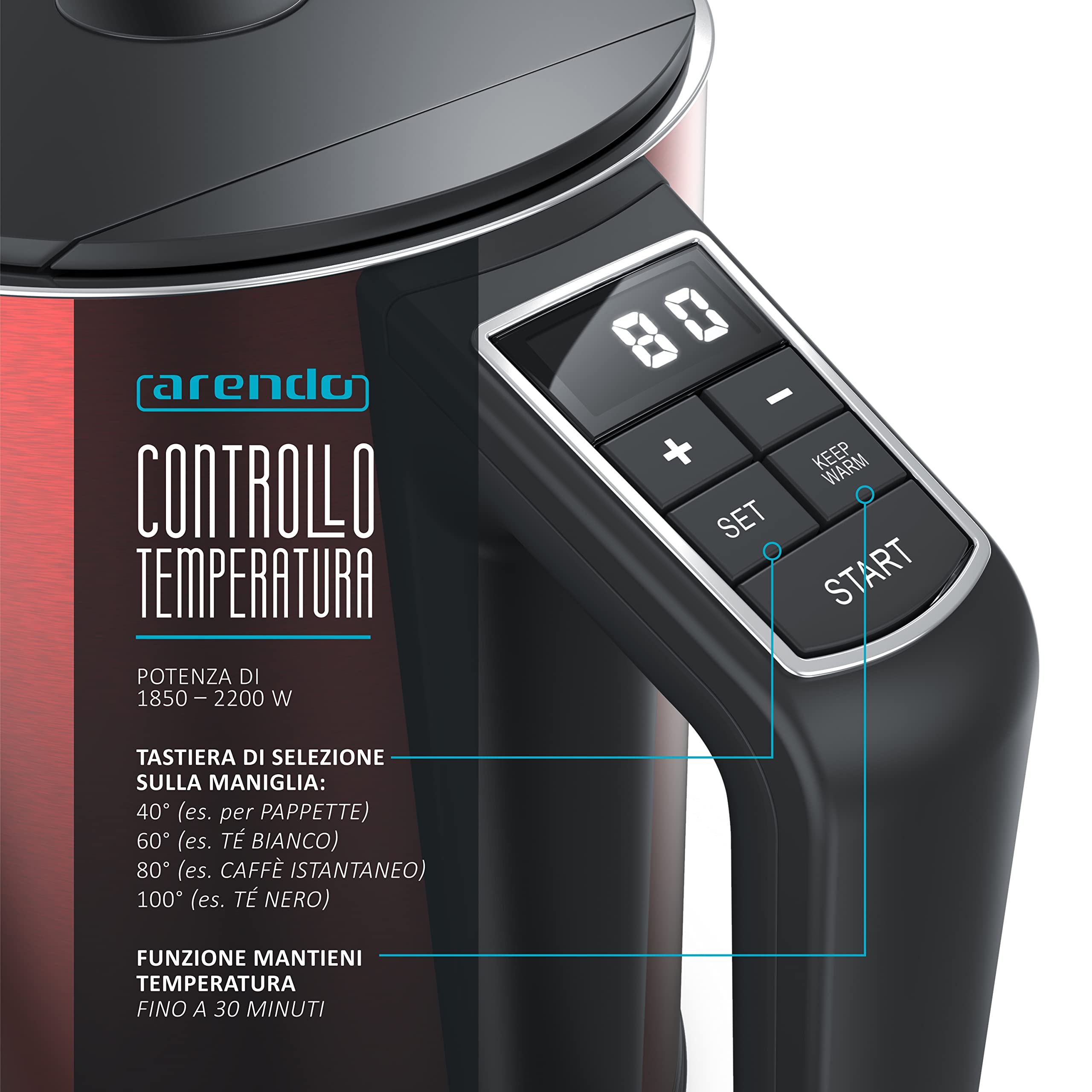 arendo - Bollitore Acqua Elettrico da 1.5L 2200W - Eco Controllo Temperatura - Temperatura Regolabile 40-100°C - Parete Doppia - in Acciaio Inossidabile - Senza BPA - Rosso
