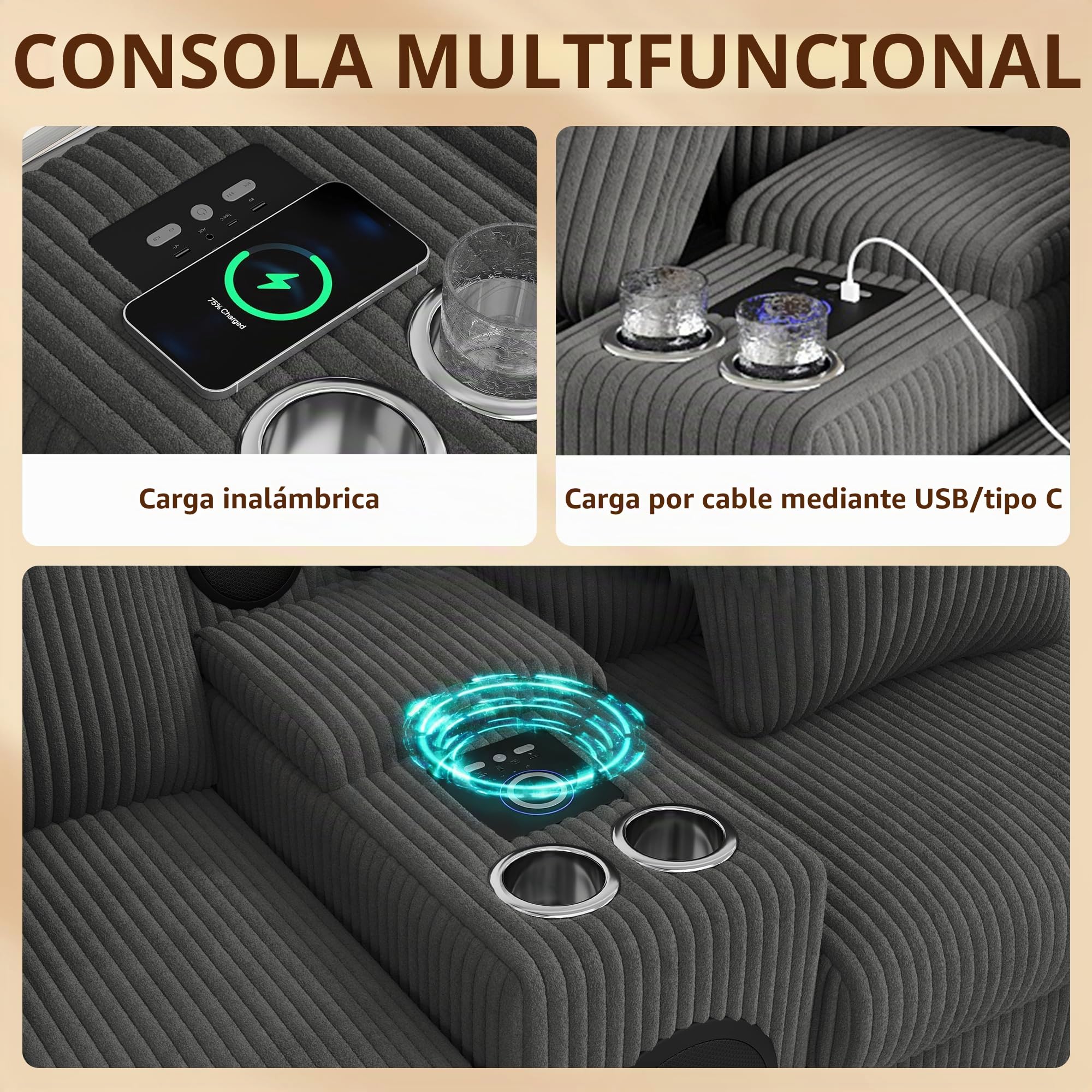 Sofá Convertible de 4 plazas en U con USB C (carga inalámbrica) y altavoz Bluetooth, sofá esquinero de pana con 2 reposapiés y 2 portavasos, sofá modular al salón Appt, gris