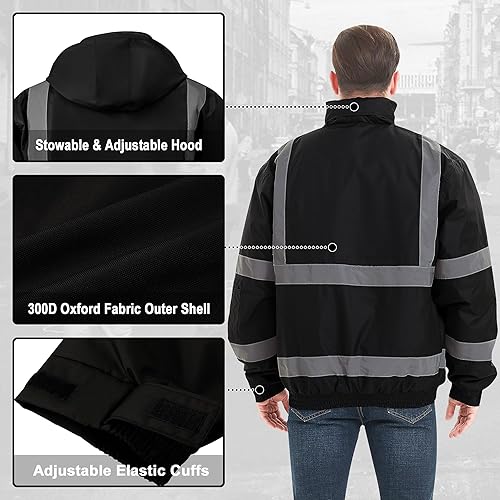 Miniatura 7 de ProtectX Chaqueta de seguridad impermeable de alta visibilidad, Hola Vis Reflectante Invierno Construcción Bomber Chaqueta para Hombres