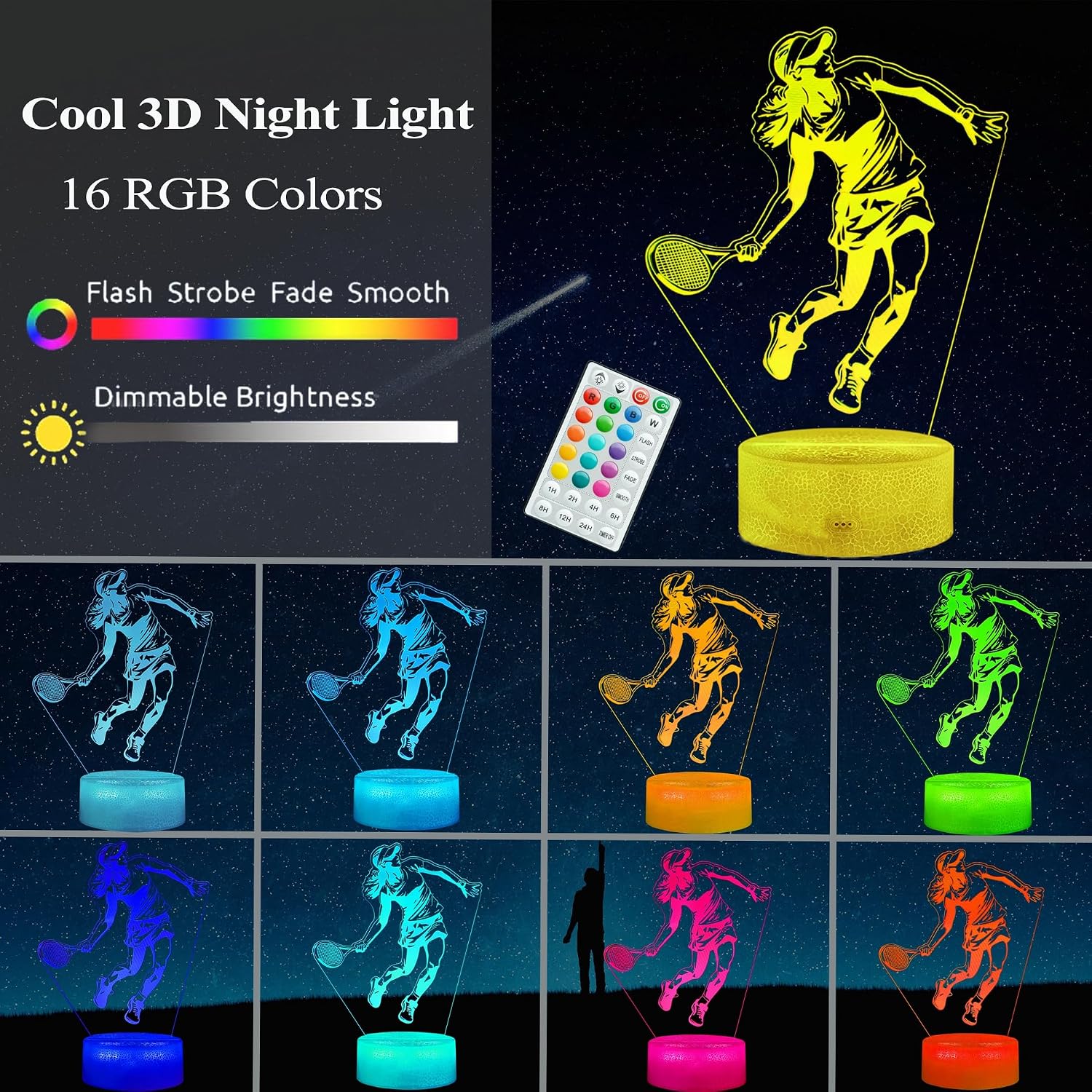 Tennis Night Light, Tennis Gifts for Girls, 3D Illusion Lamp with Remote Control, 16 Colors Changing, RGB Flashing Mode, Timer and Dimmable, Christmas Decor image 2