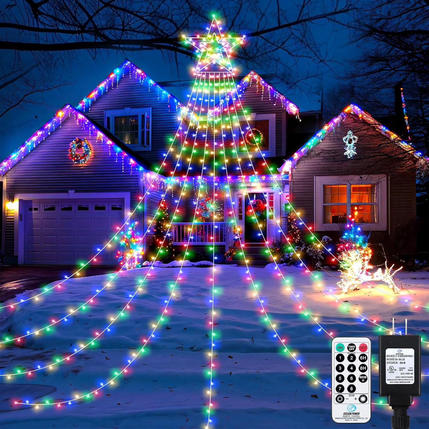 23FT 714 LED Christmas Decoration Lights Outdoor, 8 Modes Waterfall Star String Lights with Waterproof Timer, Dimmable Waterfall Tree Lights for Indoor Roof Patio Holiday Party, Multicolor Multicolor 714LED