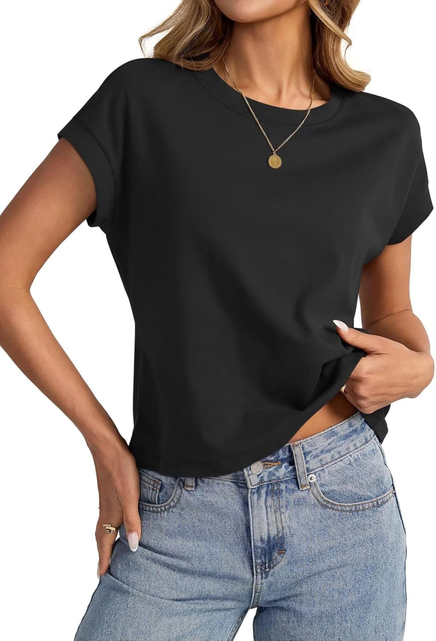 Ryhula Tshirt Damen Sommer Kurzarm Basic Oberteil Locker Rundhals Top | Für Alltag Freizeit Büro, Elegant Bluse, Crop Top, Luftiges Tragegefühl, Weicher Griff, Locker leicht, Pflegeleicht