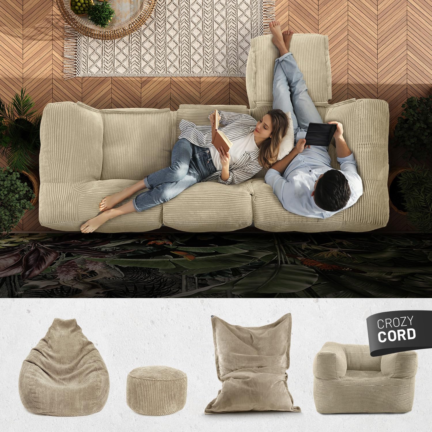 LUMALAND Ensemble modulaire basique en velours côtelé - Canapé avec fauteuil et pouf - 5 sacs d'intérieur avec rembourrage - Canapé modulaire avec perles EPS - Coussin d'assise XXL pour salon, chambre