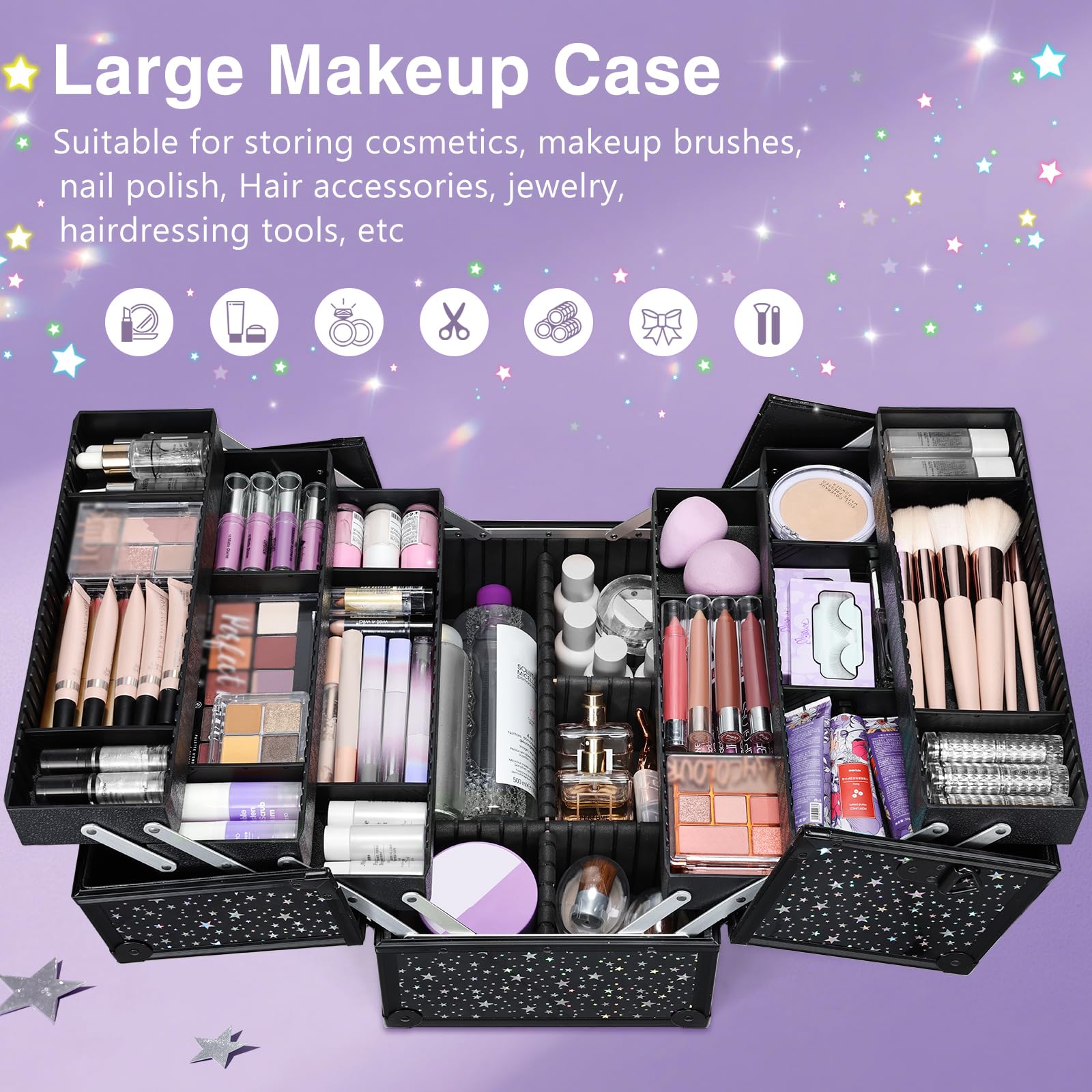Joligrace Organizer per trucco per unghie, per gioielli, cosmetici, beauty vanity case extra large space, Stella nera, L