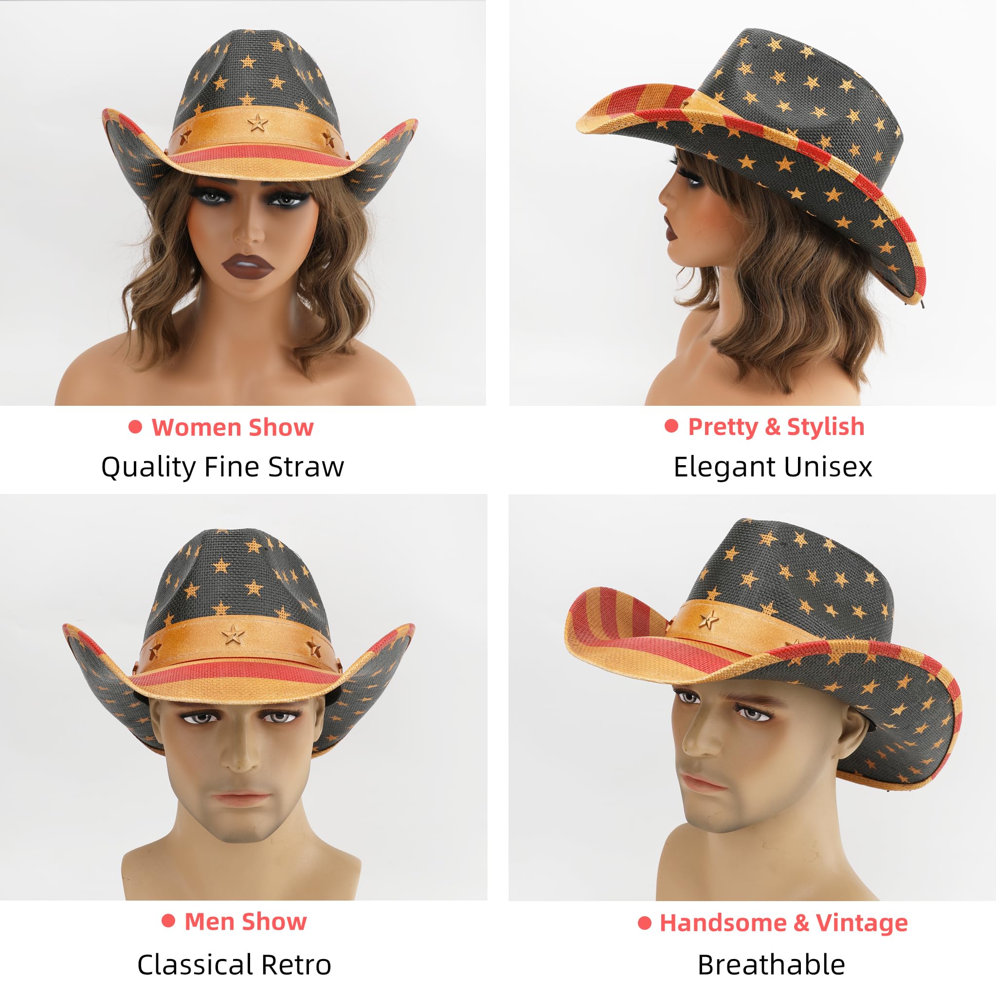 Cappello da cowboy con bandiera americana, unisex, stile patriottico del 4 luglio, cappello da cowgirl