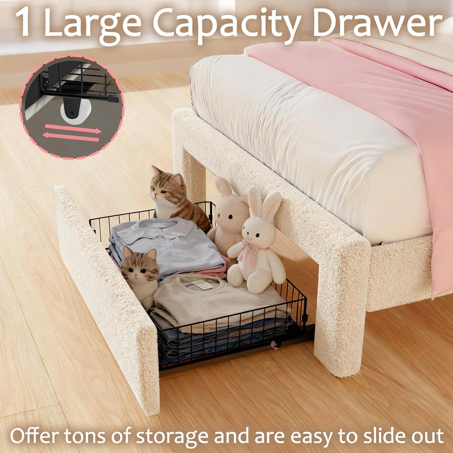 White Twin Bed Frame with Storage Drawer,USB and Type-C Charging Ports,LED Colorful Light Strips,Easy Assembly,Teddy Velvet Fabric,Wooden Slats Support