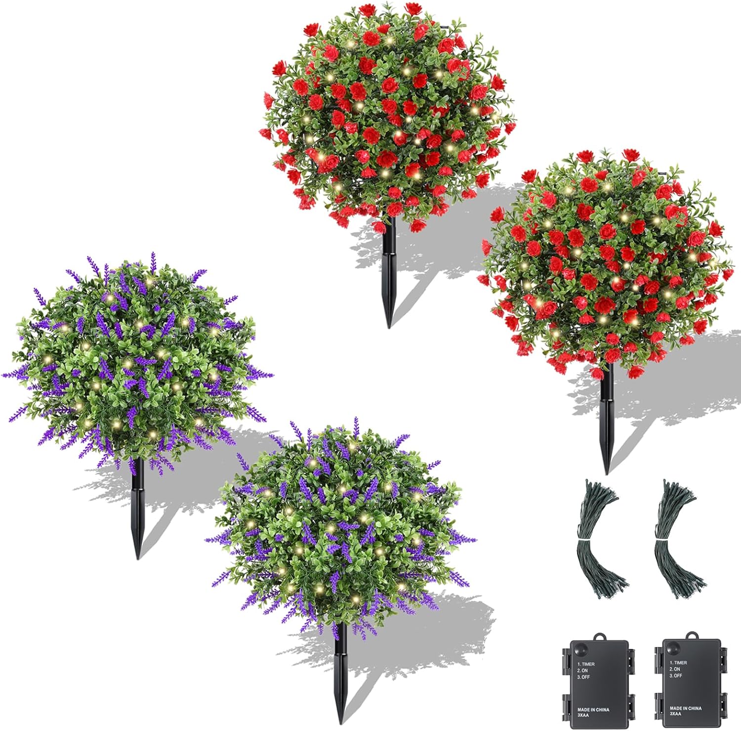 Lewondr Artificial Red Flowers and Lavender Boxwood Topiary Ball with LED Lights,23.6'' Artificial Shrub Bushes with Ground Spike,UV Resistant Faux Greenery Shrubs,Fake Plants for Indoor Outdoor Garde