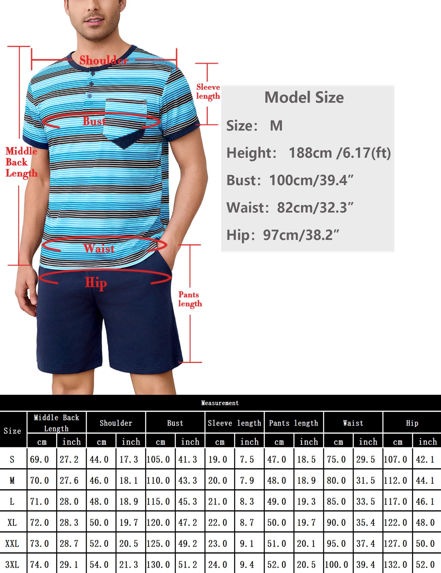 Pijamas Hombre Verano Algodón Conjunto de Pijama para Hombre Corto Ropa de Dormir de Rayas Manga Corta con Bolsillos 2 Piezas