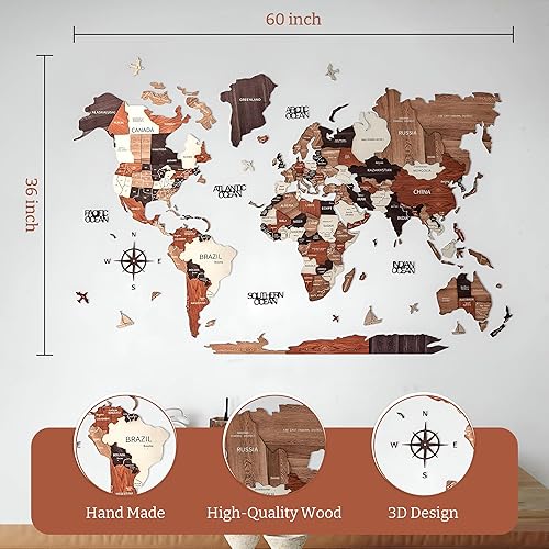 Miniatura 3 de KPSKE Mapa del mundo de madera 3D para pared, mapa de decoración de pared con nombres de océanos, barcos, brújula y más - Mapa de viaje de madera