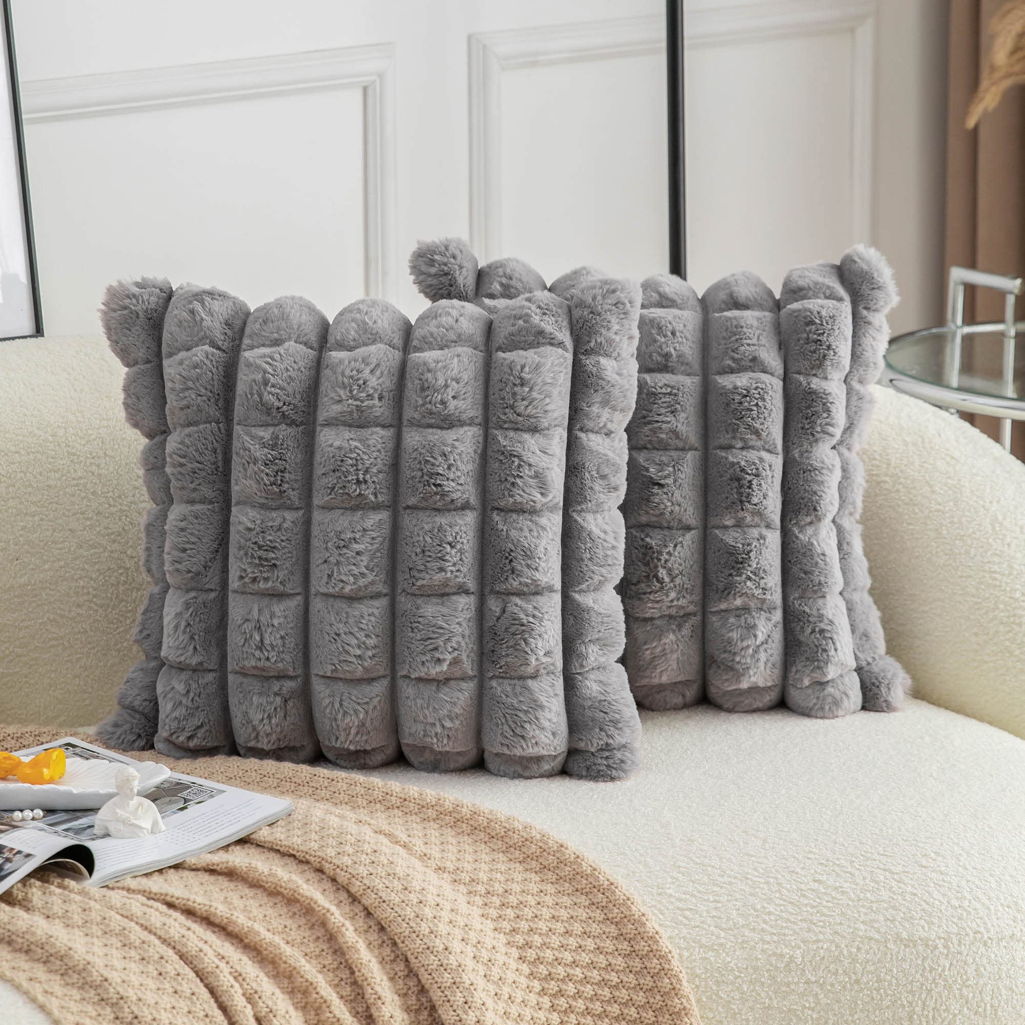 Neelvin Grey Faux Fur Cozy Soft Plaid Decorative Throw Pillow Covers 16x16 inch（40x40cm） Set of 2,Velvet Pillowcase Cushion Case for Sofa Couch — image 1