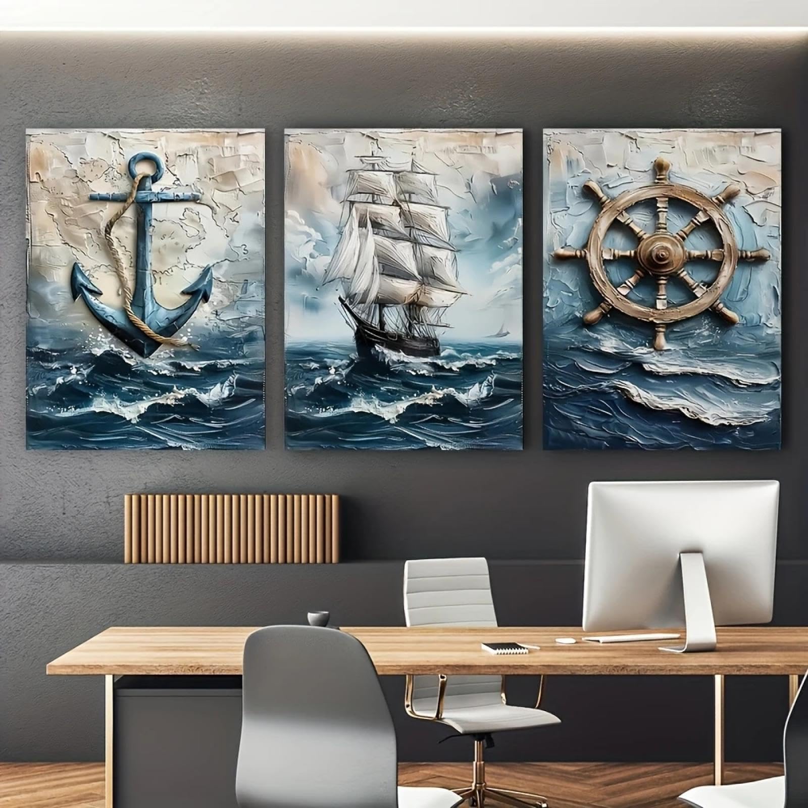 Chaojiart Frameless Nautical Canvas Art Prints Modern Anchor, Ship, Helm Wheel Wall Paintings For Living Room, Retro Maritime Landscape Posters 60X90cmx3