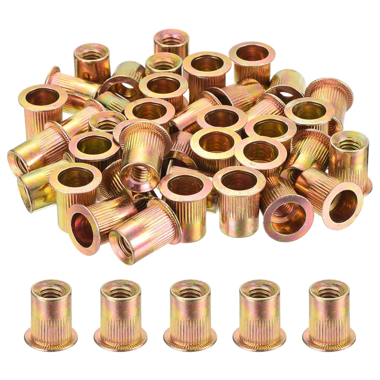 uxcell 150Pcs Rivet Nuts Flat Head, 5/16"-18 Carbon Steel Threaded Insert Nuts Knurled Body Zinc Plated Finish