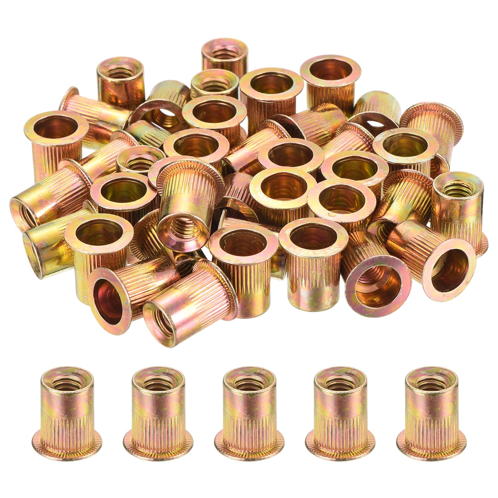 uxcell 150Pcs Rivet Nuts Flat Head, 5/16"-18 Carbon Steel Threaded Insert Nuts Knurled Body Zinc Plated Finish