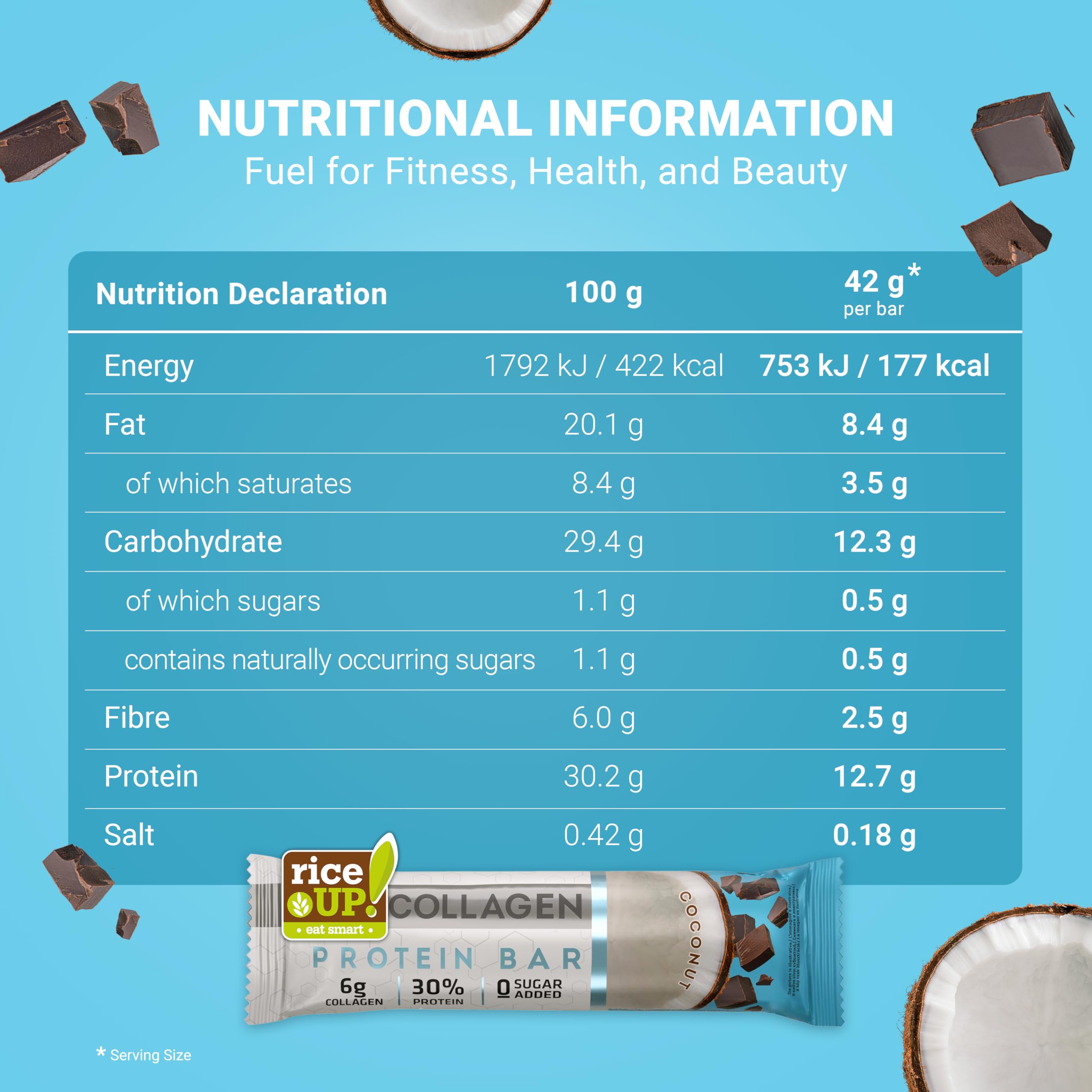 RiceUP! Barrita Proteica Colageno | Coco, Frambuesa, Toffee | 36 x 42 g